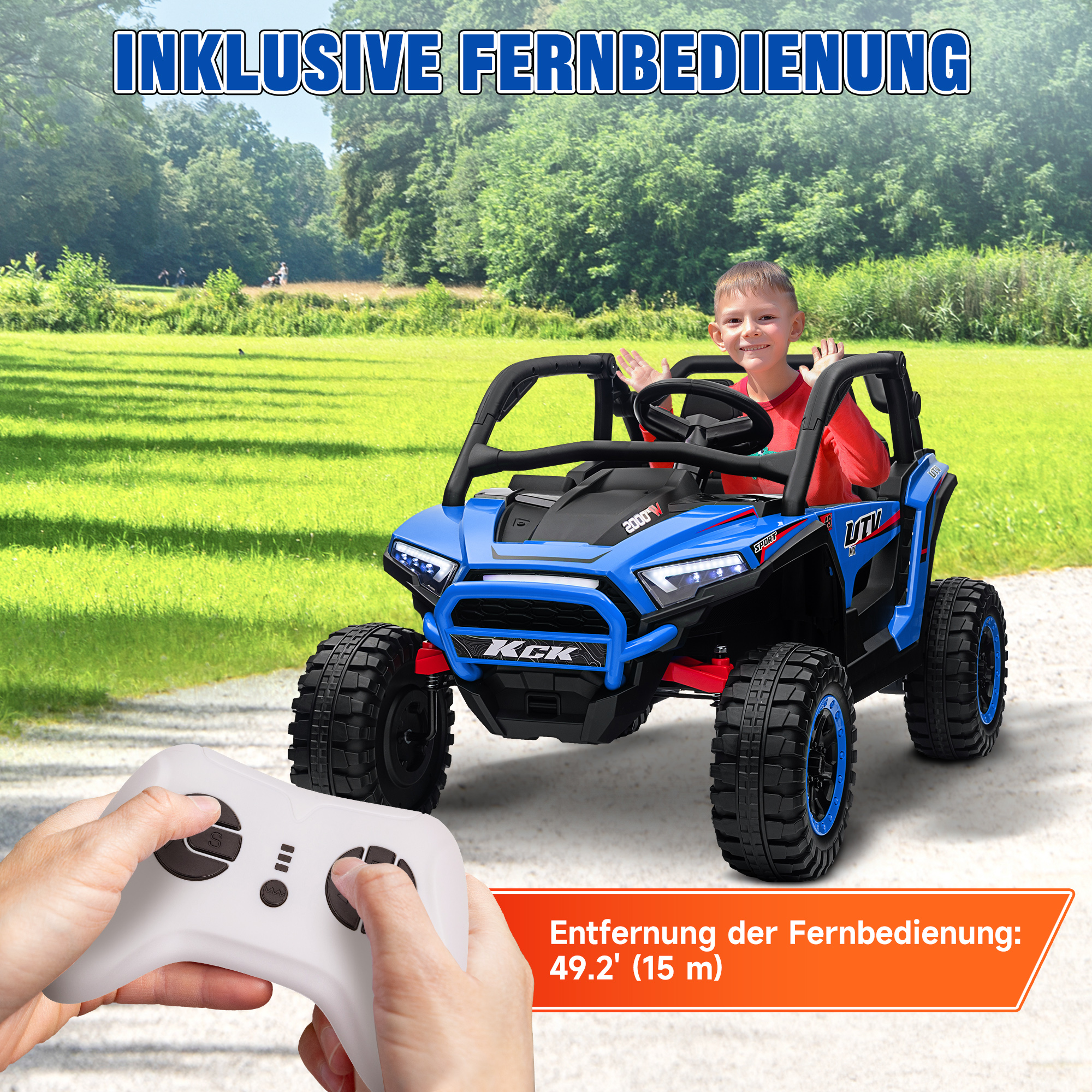 AIYAPLAY Kinderauto Elektrische SUV, 5-7 km/u, 2-Zitter, Afstandsbediening, Muziek, Licht, 1u Rijtijd, Blauw