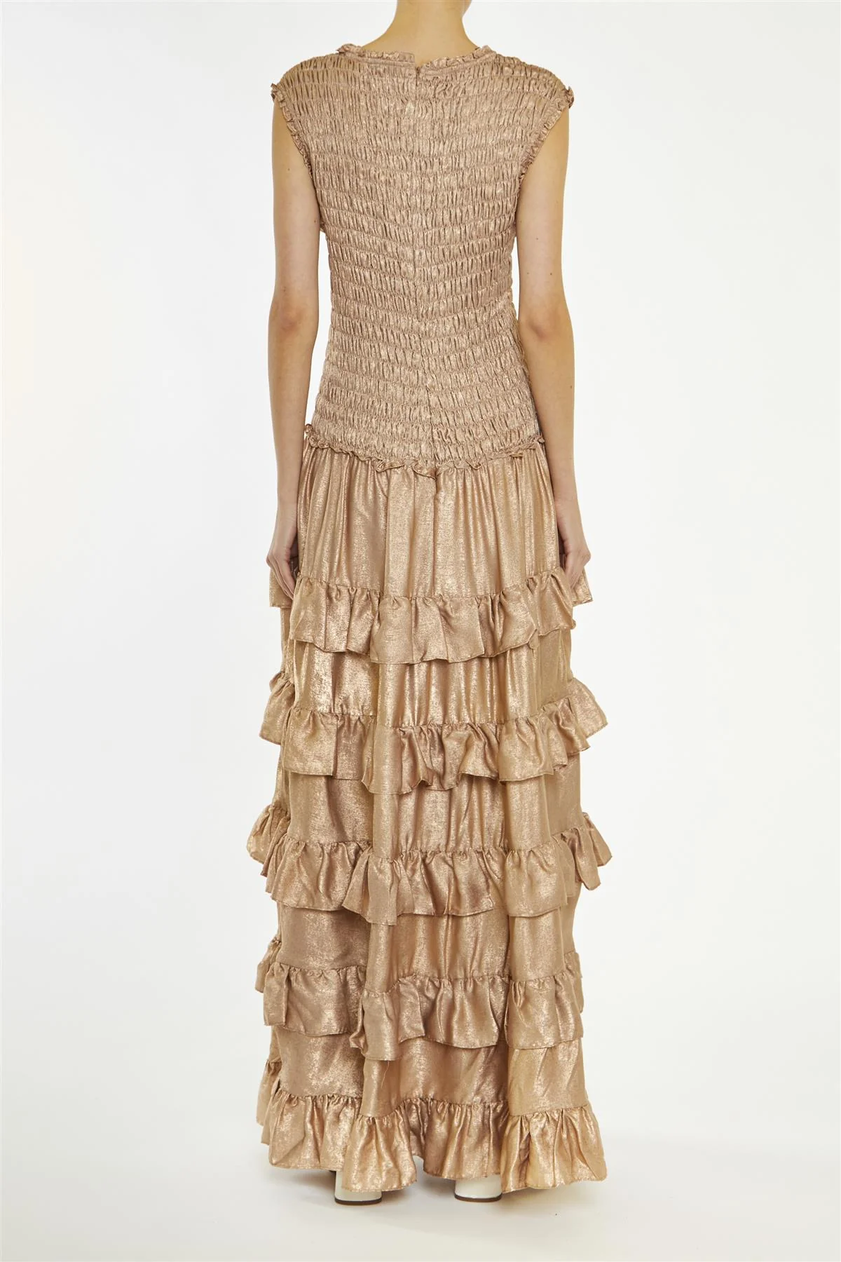 Azaria Dark Metallic-Copper Smocked Dropped-Waist Maxi-Dress