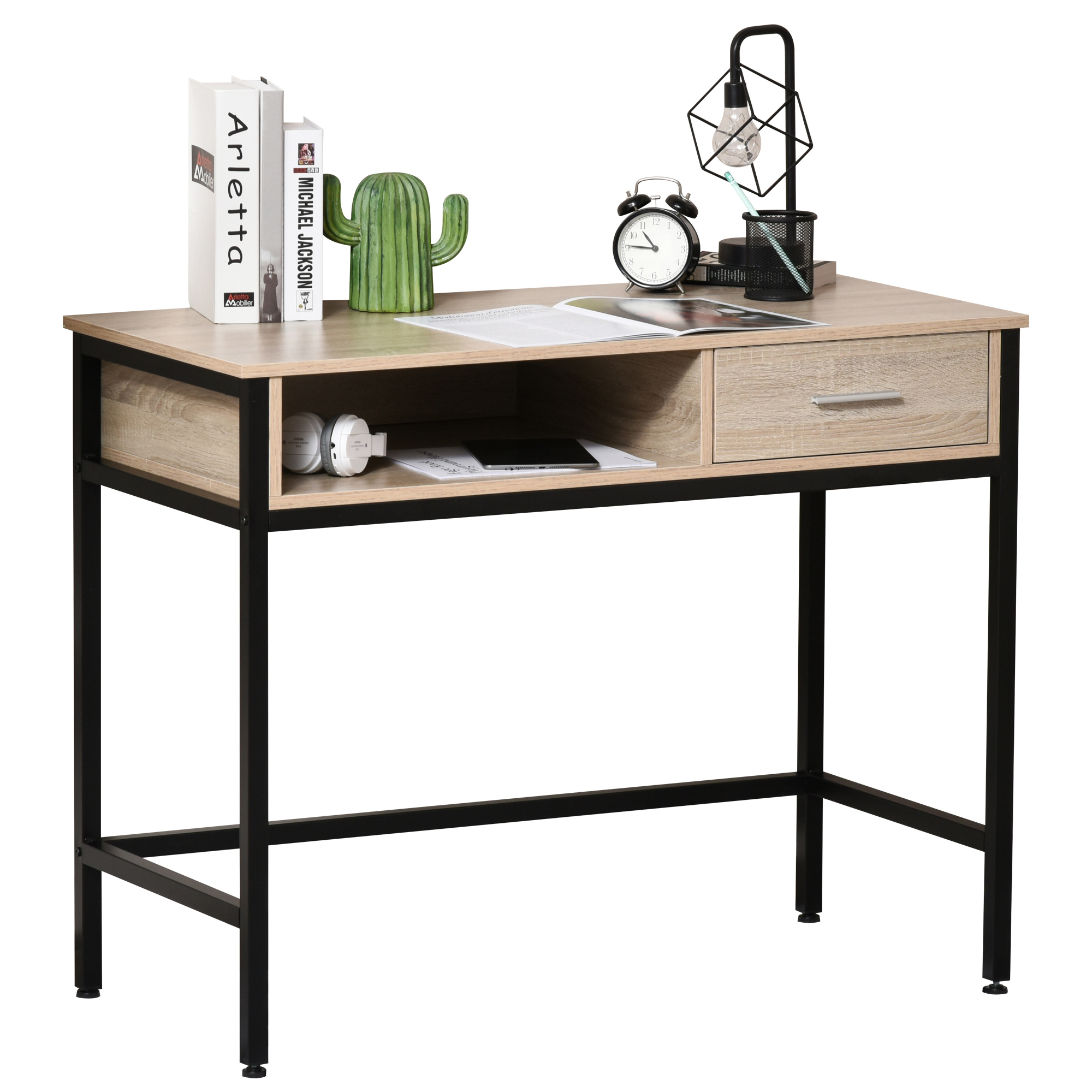 HOMCOM Schreibtisch mit Stauraum Tisch Schreibtisch Industrieller Bürotisch mit Schublade Metallgestell Schwarz Holzplatte Eichenholz-Veilchen