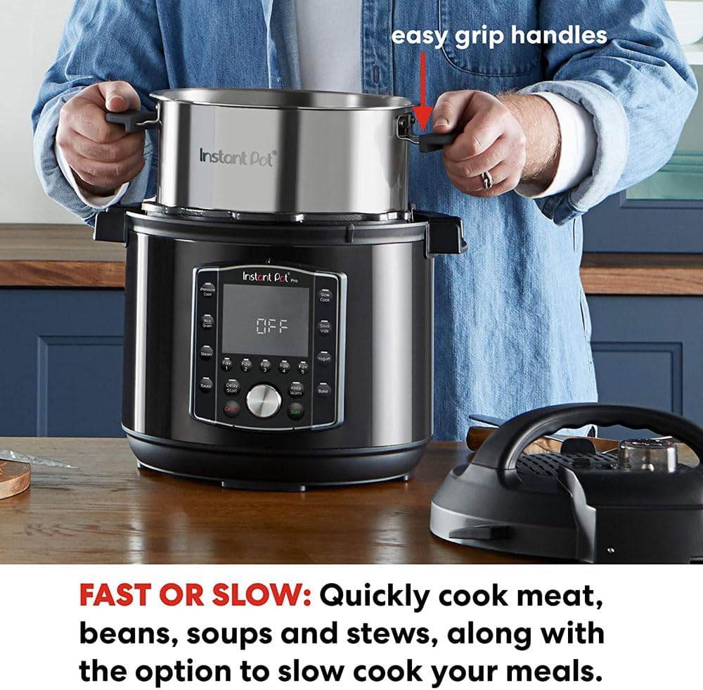 Instant Pot Pro 10-in-1-Elektro-Multikocher 1200 W, 5,7 L – Schnellkochtopf, Schongarer, Reiskocher, Dampfgarer, Sautierpfanne, Sterilisator, Joghurtbereiter, Sous Vide Gert – Schwarzer Edelstahl