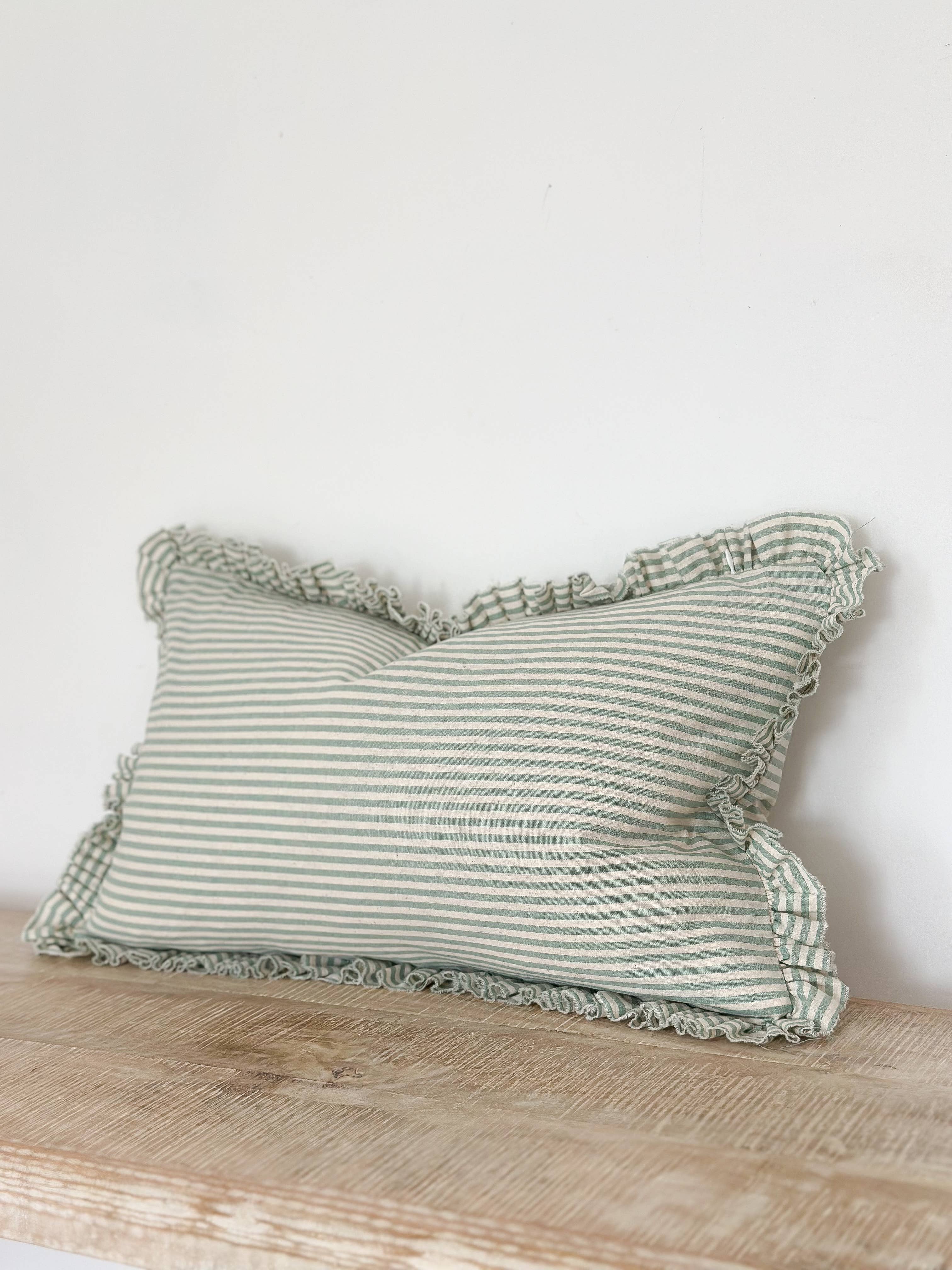 Sage Green Ruffled Cushion �C 50 x 30 cm (Feather Pad Included)