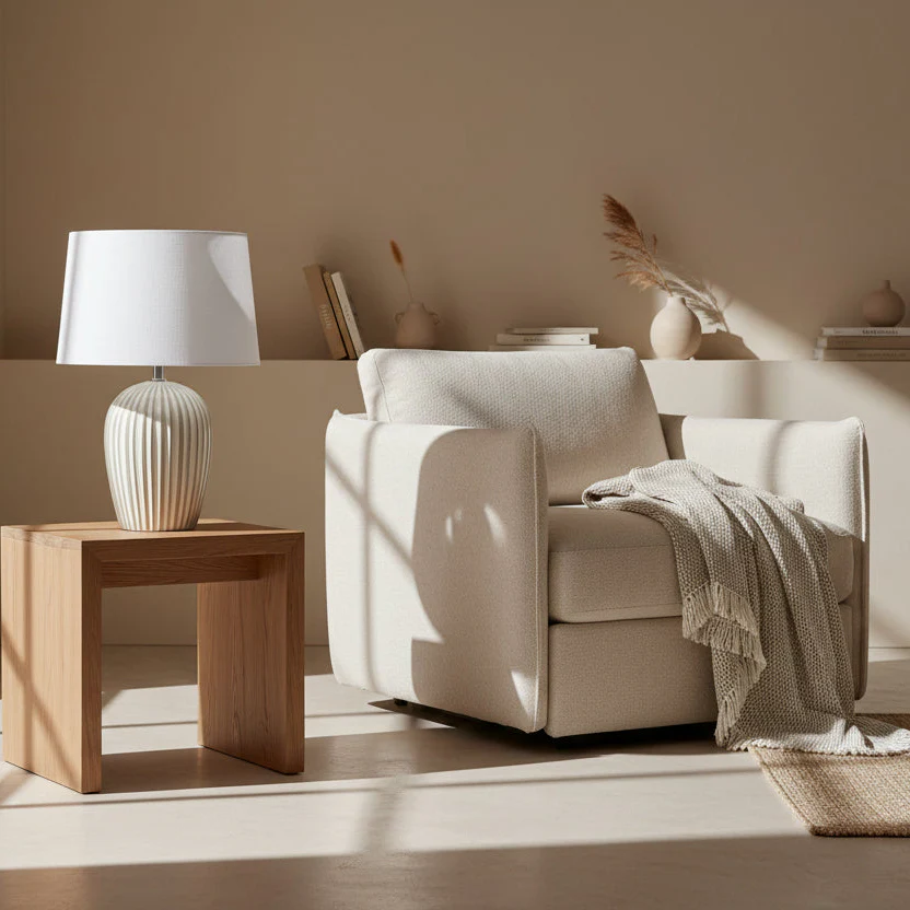 Sage & White Striped Ceramic Table Lamp with White Cotton Shade