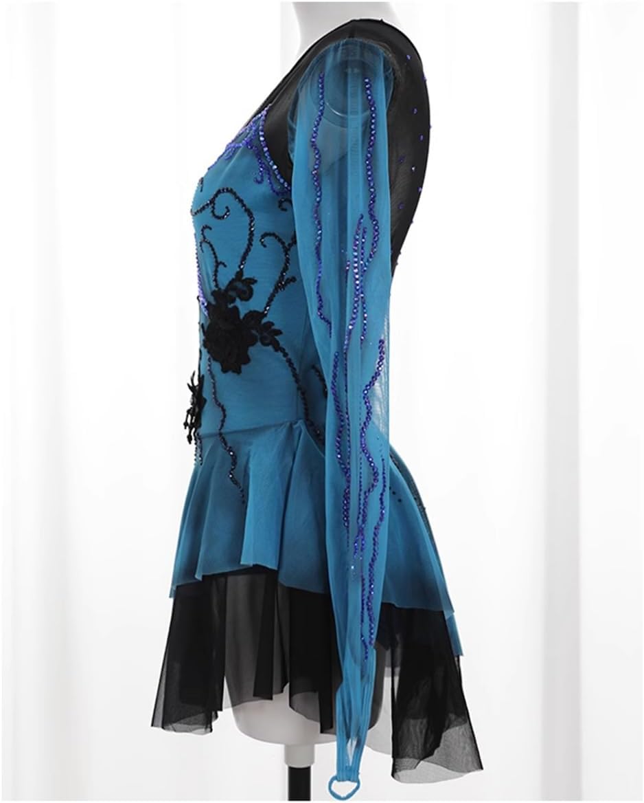 Eiskunstlauf Kleid Damen Strass Leotards Eislauf Wettbewerb Kleider Ballerina Outfits Langarm Kürkleid mit Strass Rollkunstlauf Wettbewerb Tanzanzug Langarm Rollschuhkleid