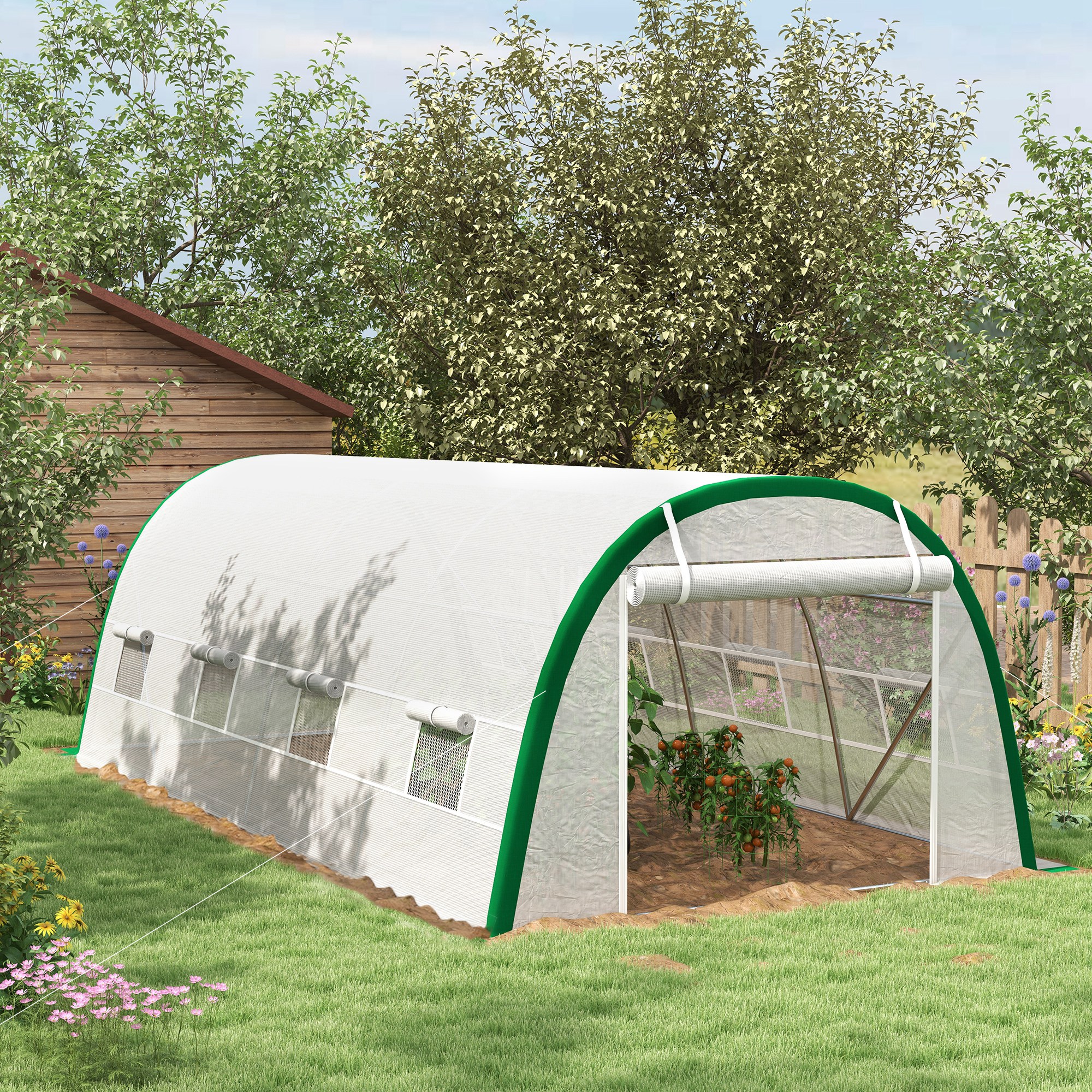 Outsunny Garten-Tunnelgewächshaus 18 m² dim. 6L x 3B x 2H m - 8 Fenster, Aufrollbare Reißverschlusstür, Verzinkter Stahl, PE, Weiß
