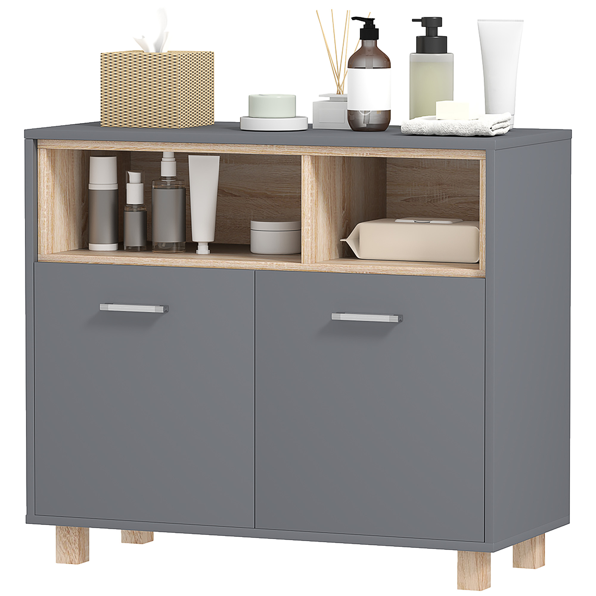 HOMCOM Badezimmerschrank Aufbewahrung, modernes Design mit offenen Fächern und Doppeltüren