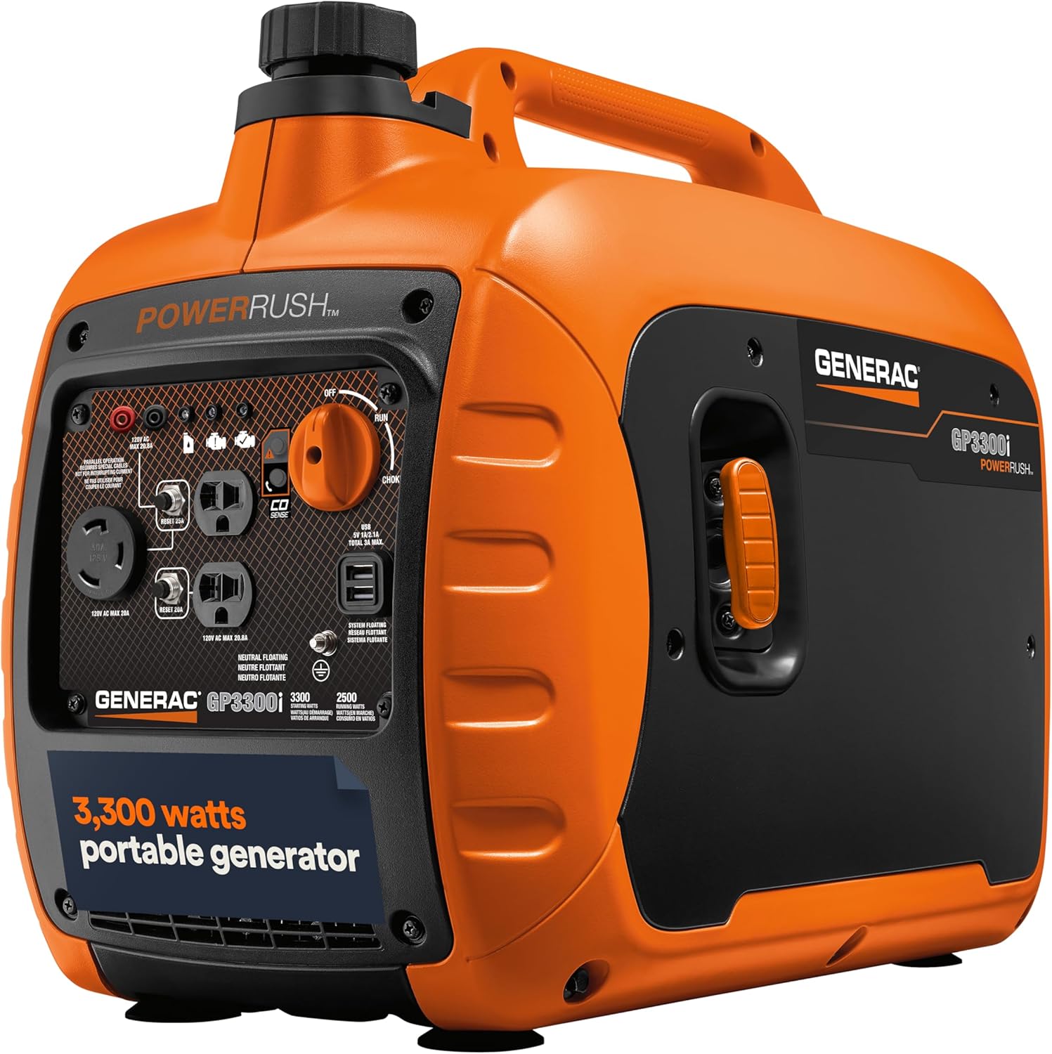 Generac 3 300-Watt Gas Powered Portable Inverter Generator - Lightweight and Compact - USB Ports for Device Charging - Produces Clean  Stable Power - Great for Home Backup  Camping  and RV Use