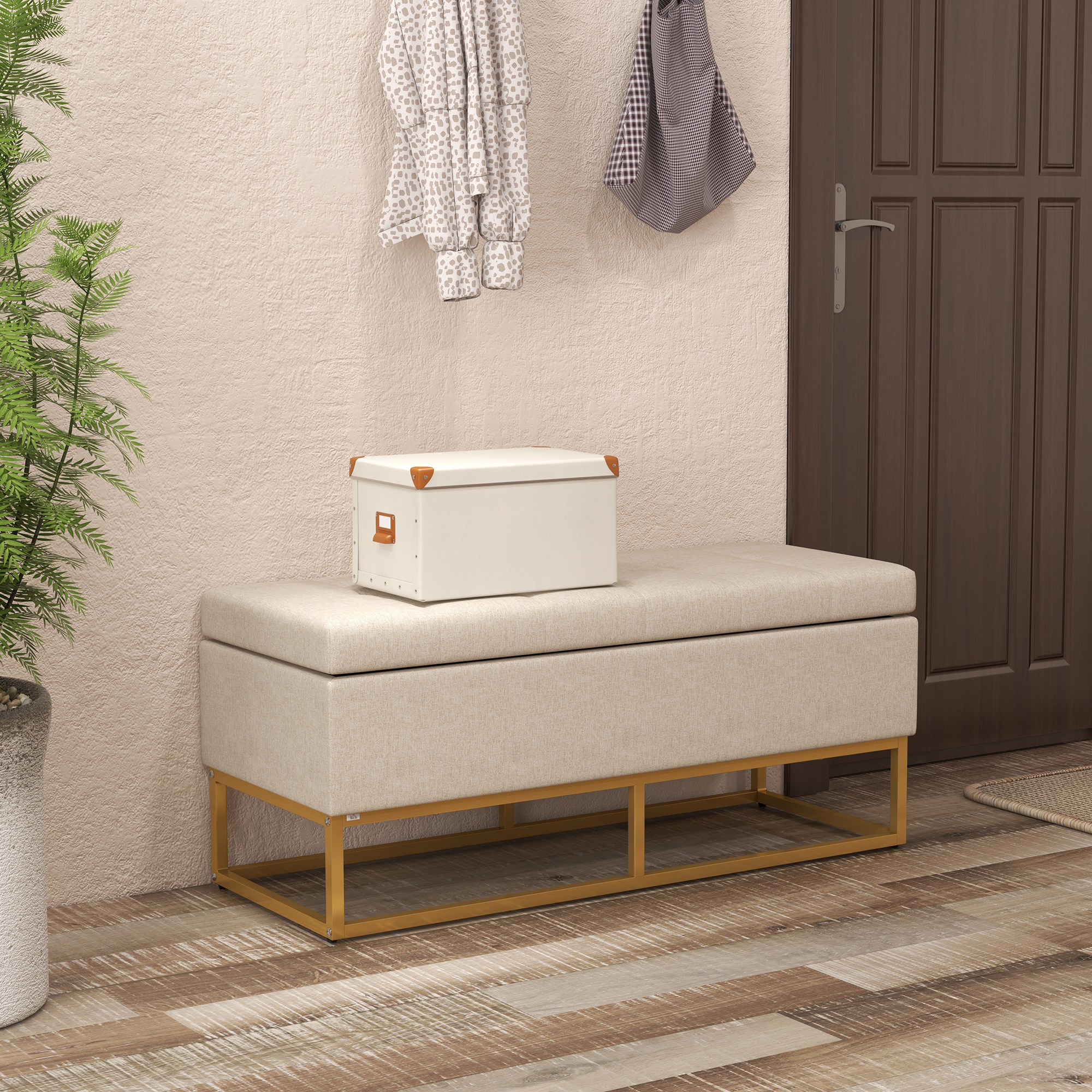 HOMCOM Sitzbank mit Stauraum und gepolsterter Sitzfläche, 2-in-1, Beige und Gold, 110 x 44 x 48 cm