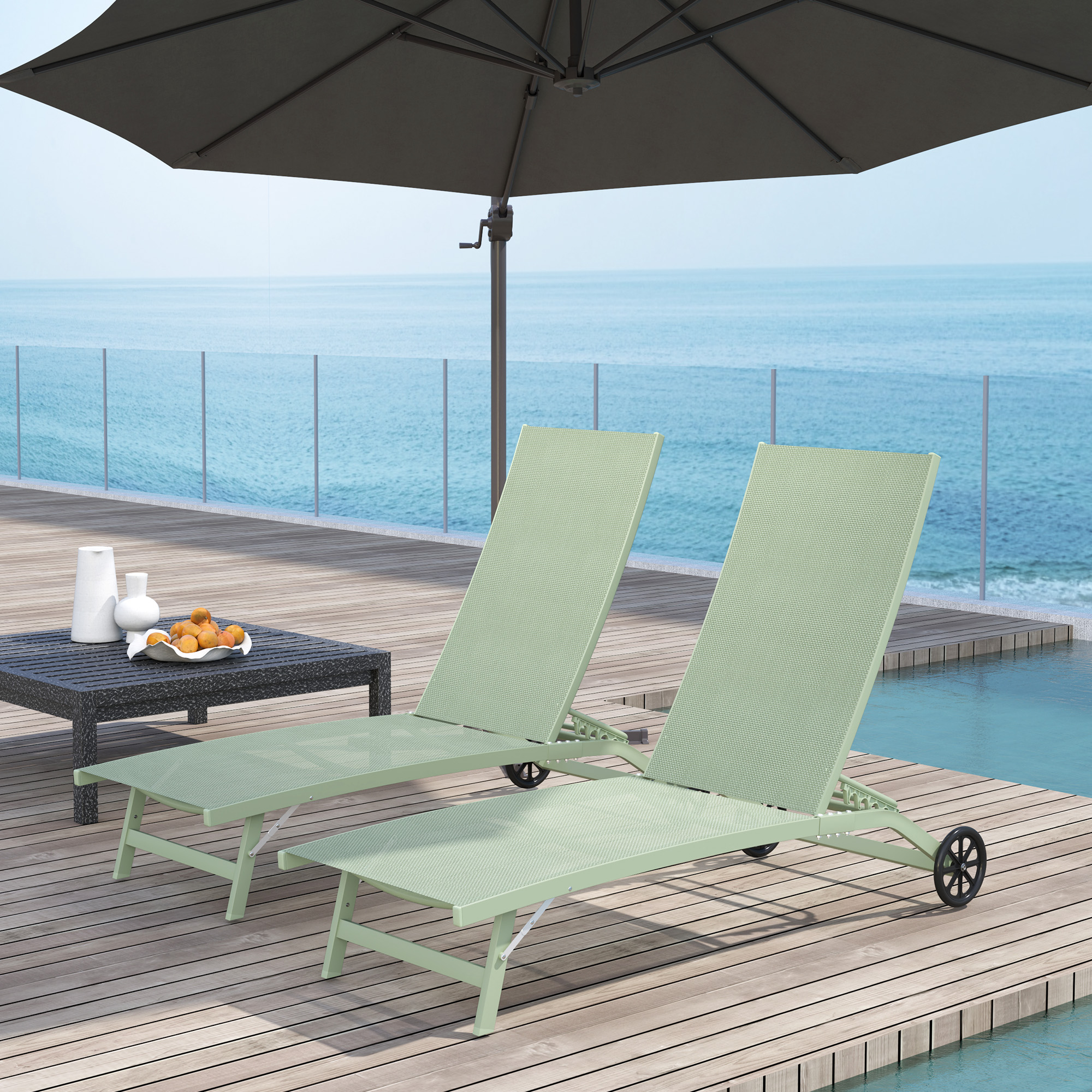 Outsunny Set aus 2 Sonnenliegen aus Aluminium und Textilene mit Rollen verstellbarer Rückenlehne maximale Belastung 150 kg Dunkelgrün