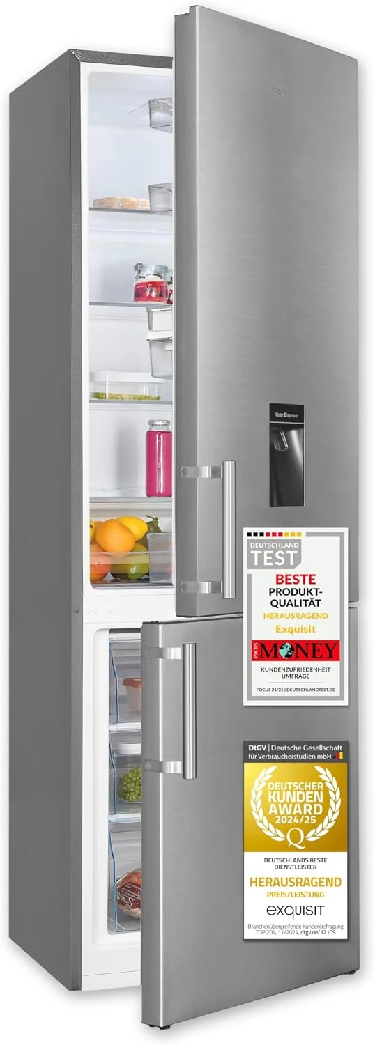 Exquisit Kühl-Gefrierkombination, 39dB, 4-Sterne-Gefrierfach, KGC5265-70-H-WS-010E inoxlook, 268 l, Energieklasse E, Wasserspender, LED-Beleuchtung
