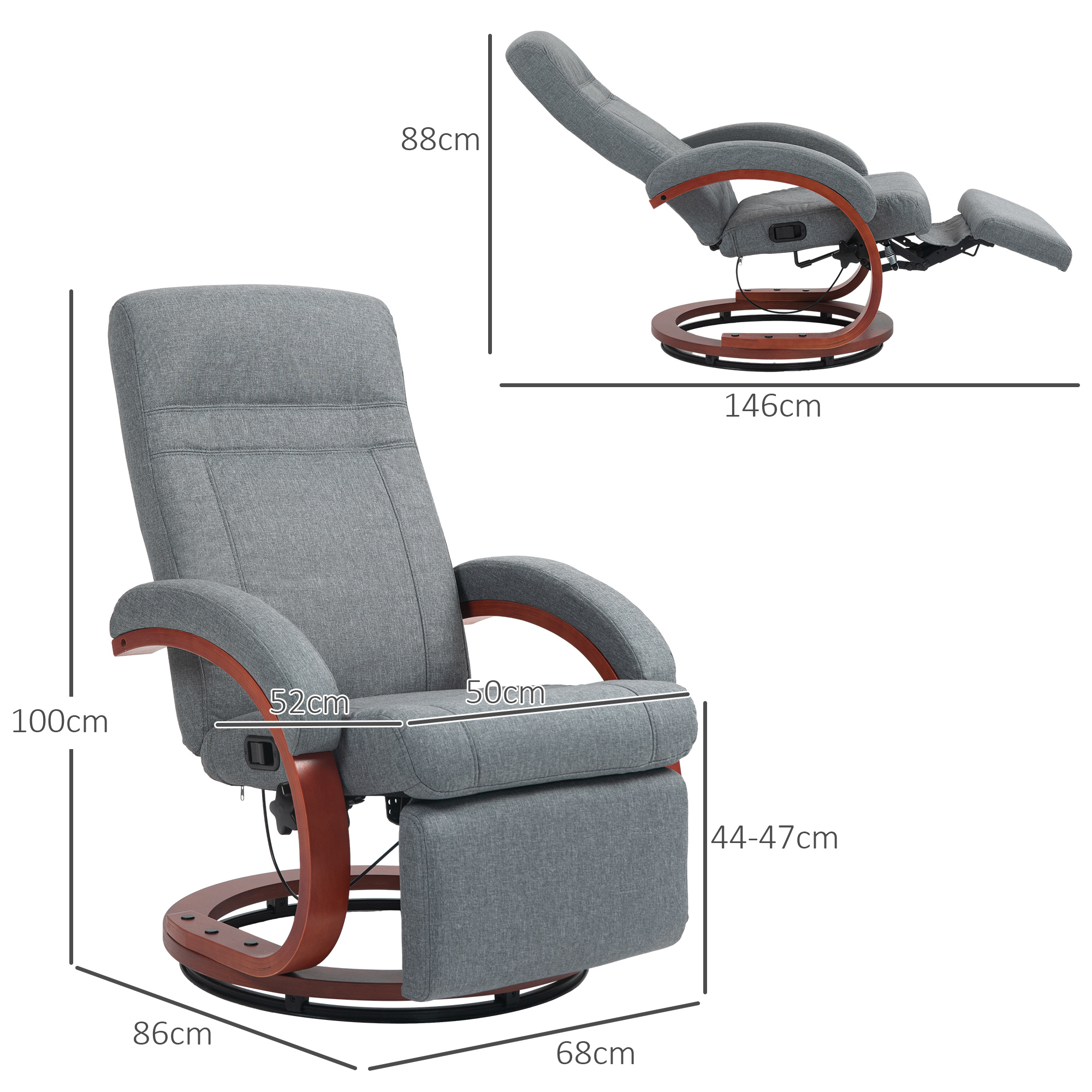 Relaxfauteuil met Opklapbare Voetensteun, Draaibaar, Kantelbare Rugleuning, Linnenlook, Tot 140 kg, Grijs
