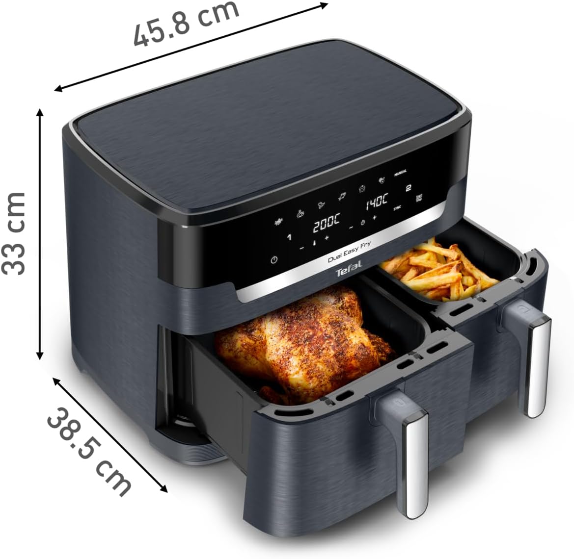 Tefal Dual Easy Fry Heißluftfritteuse Doppelkammer, 5,2/3,1 L Fassungsvermögen, zwei unabhängige Schubladen, 7 automatische Programme, energiesparend, schwarz, EY9018