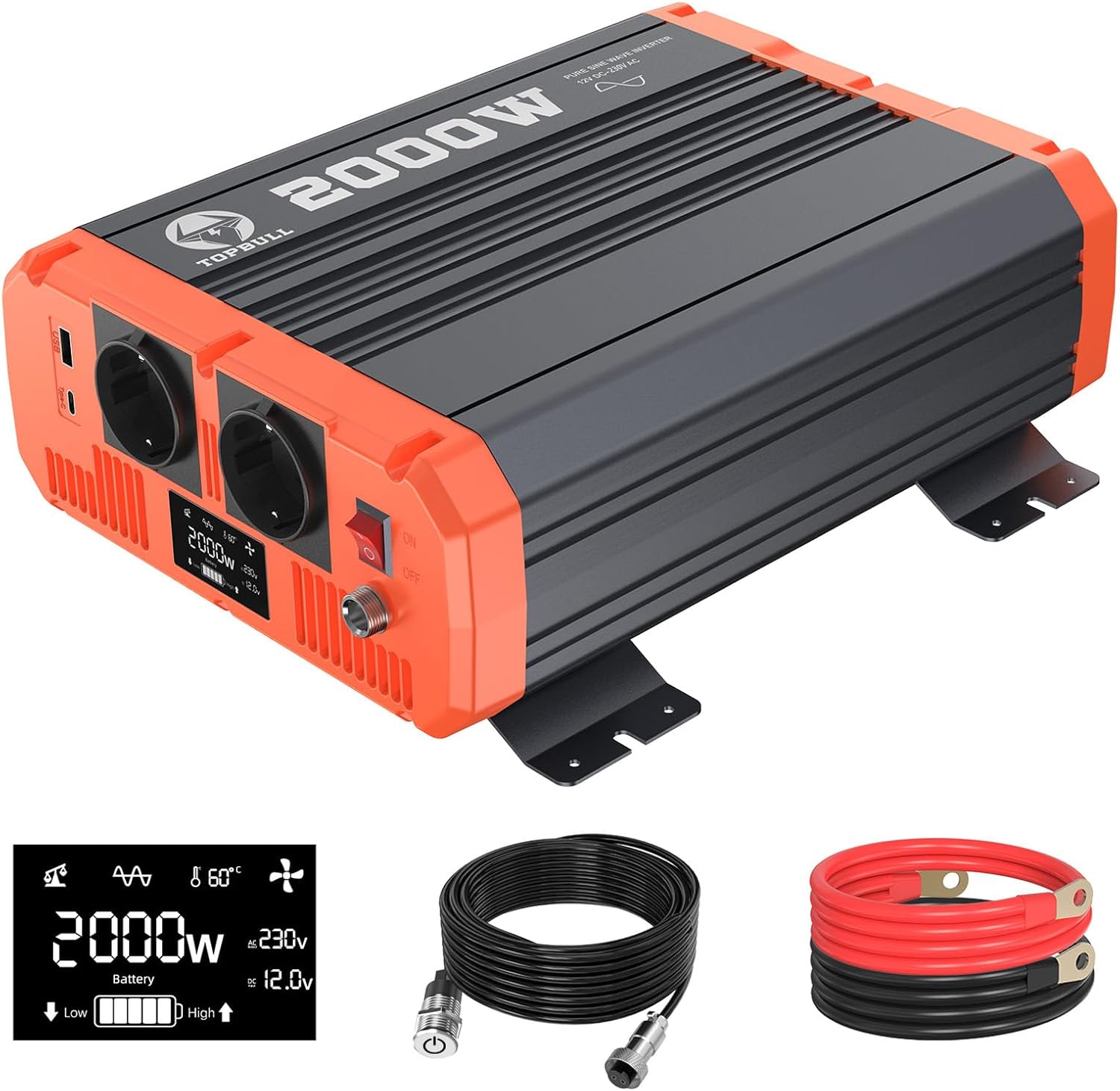 2000W/4000W Inverter 12V 220V Onda Pura Invertitore di Tensione Fotovoltaico DC AC per Camper Auto Convertitore di Potenza con LCD & Tipo-C e 2 presa AC e 1 Porte USB Transformatore con Telecomando