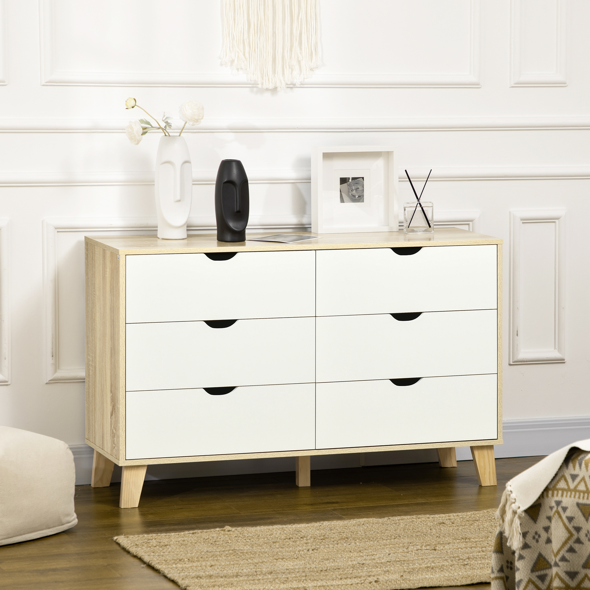 HOMCOM Skandinavische Designkommode mit 6 Schubladen, Aufbewahrungsmöbel - Größe 120B x 40T x 76H cm, Holzoptik und Beige