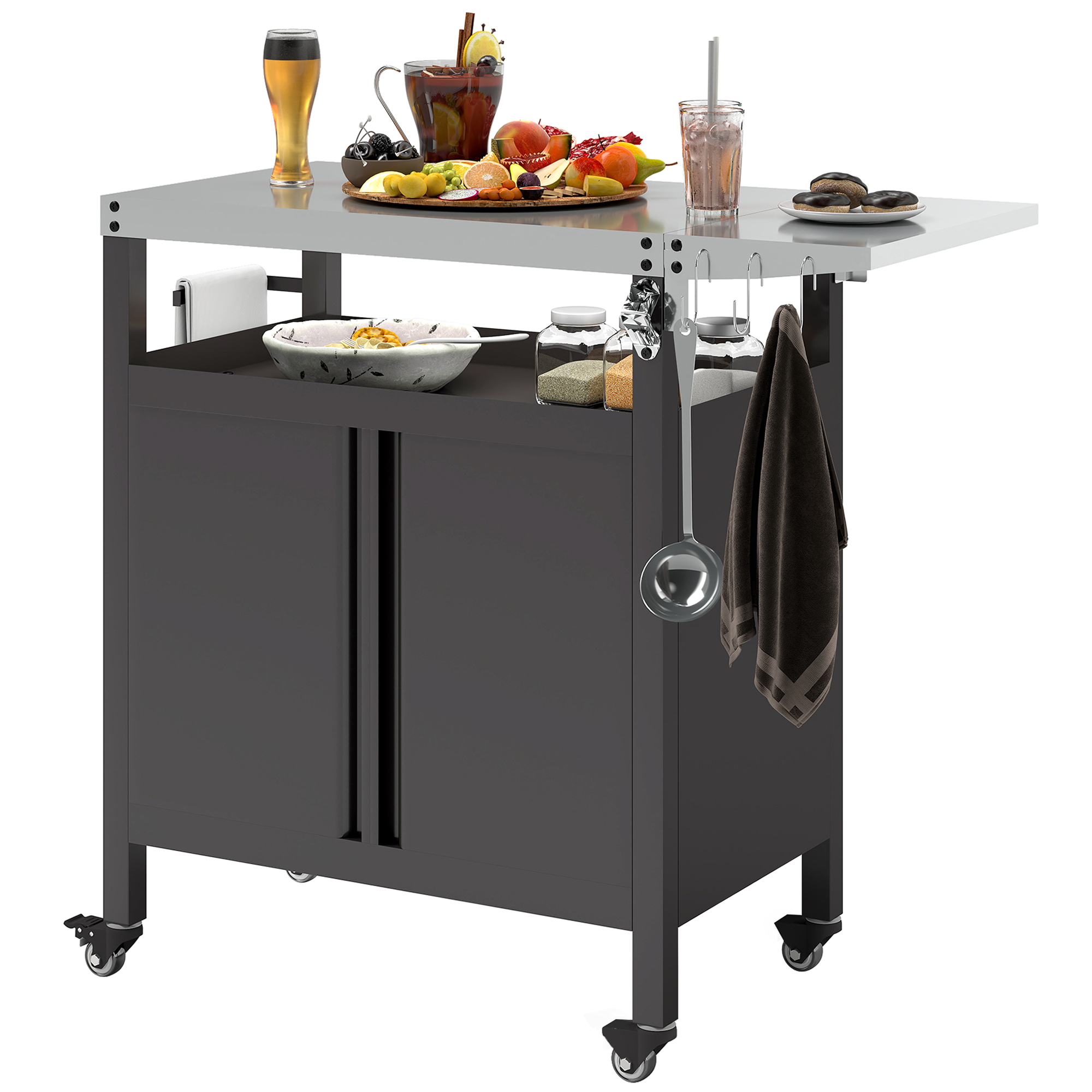 Outsunny Grillwagen 3-Etagen Servierwagen mit Arbeitsfläche Schrank Haken Räder 116x50x93cm Schwarz