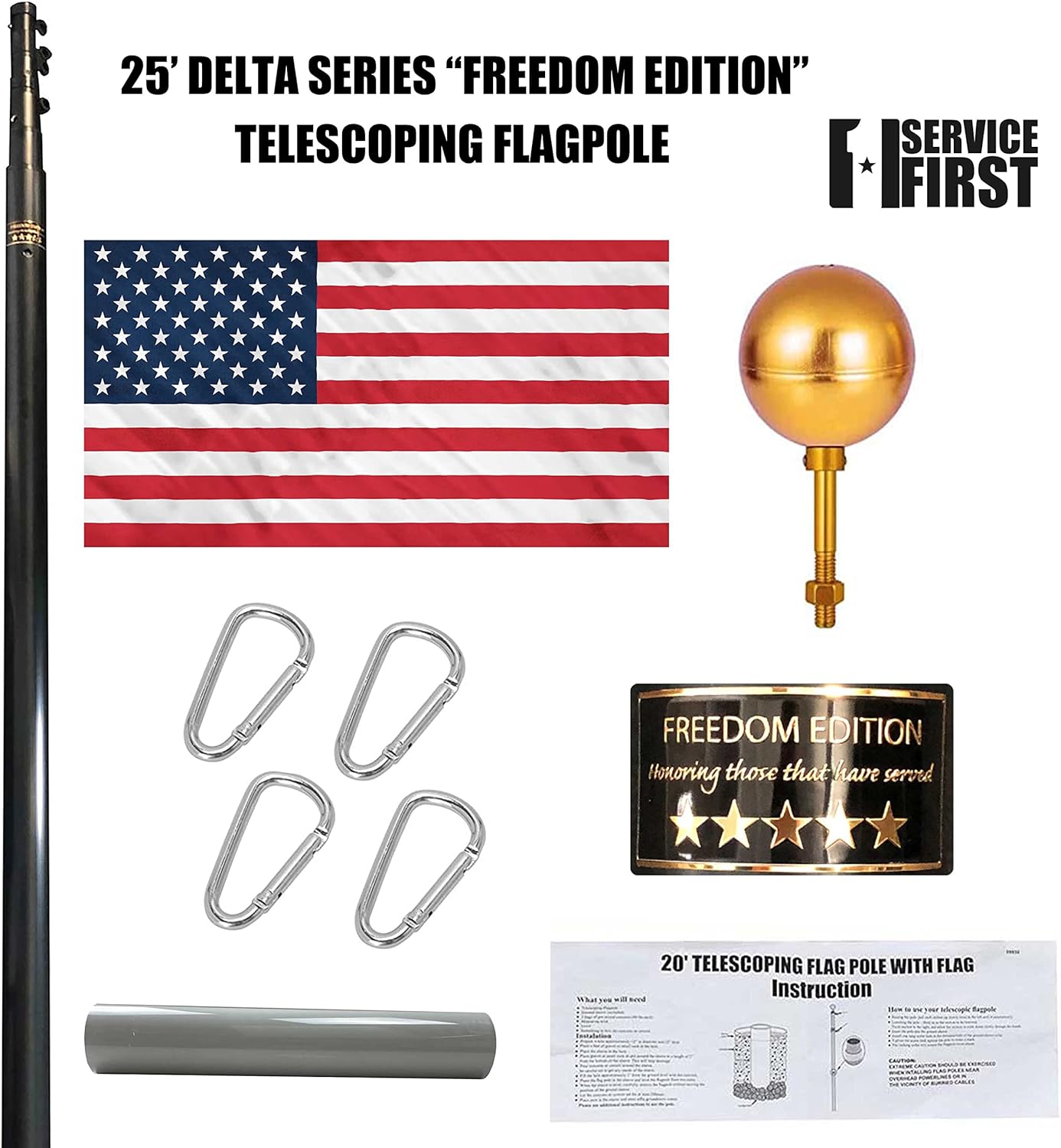 Service First 25FT Flagpole Kit Freedom Edition Black Telescoping For Outside House In Ground - Anti Tangle Swivel Ring Design - 100MPH Wind Tested with single flag