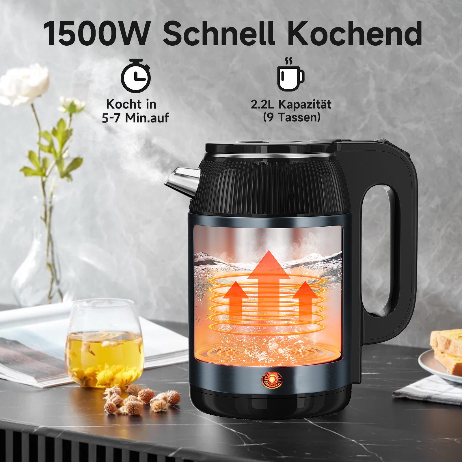 Wasserkocher Edelstahl 2,2/3 Liter Teekocher Elektrischer Trockengehschutz