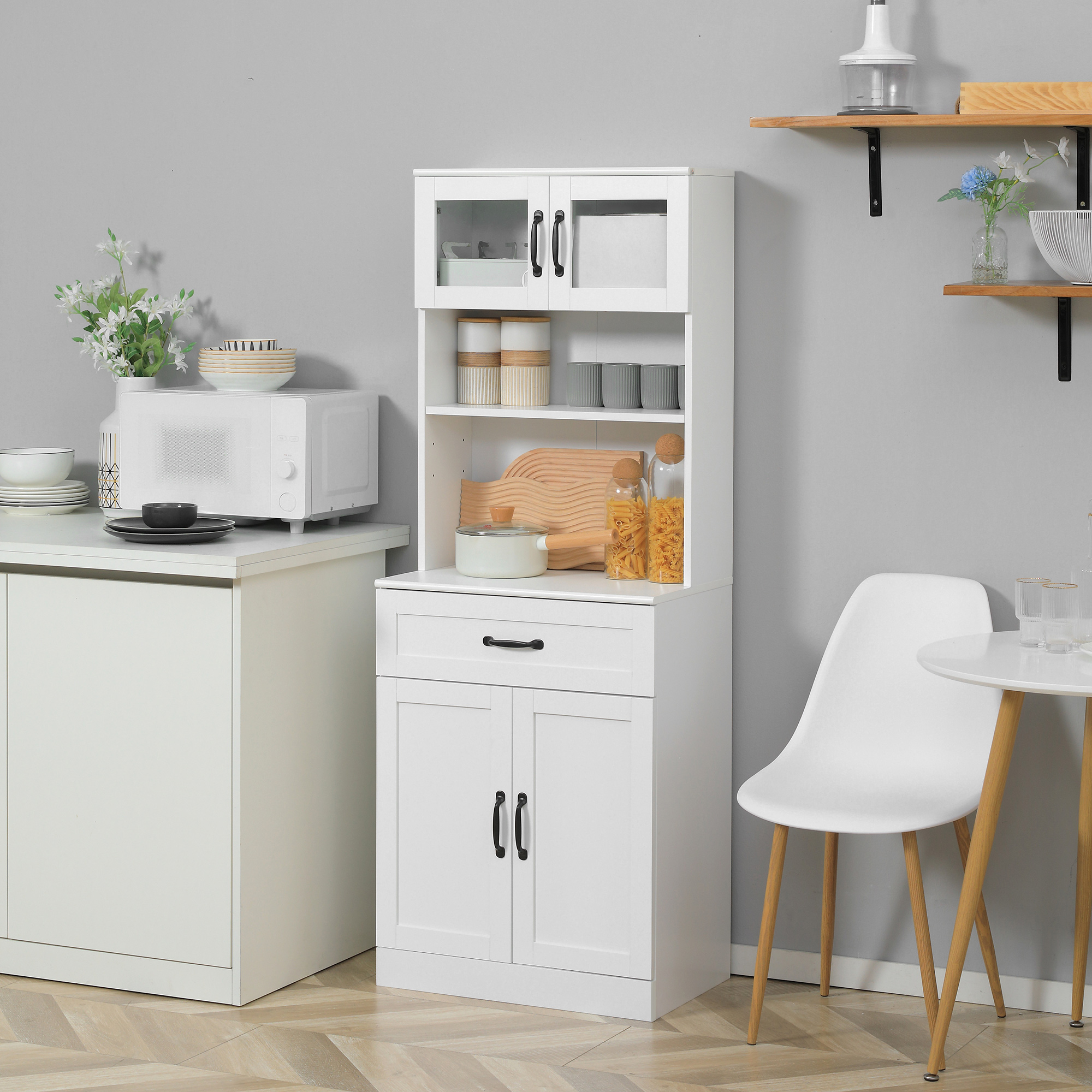 HOMCOM Buffetschrank Küche 2 Glastüren Regal Schublade und Doppeltürschrank 60 x 38 x 161 cm Weiß