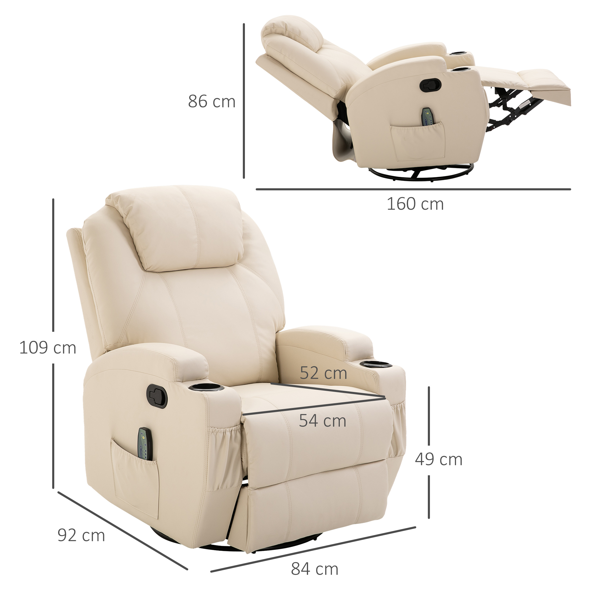 massagestoel, relaxstoel, tv-stoel massagefunctie 5 massagestanden ligfunctie PU-leer hout metaal schuimstof cr��mewit 82 x 97 x 110 cm
