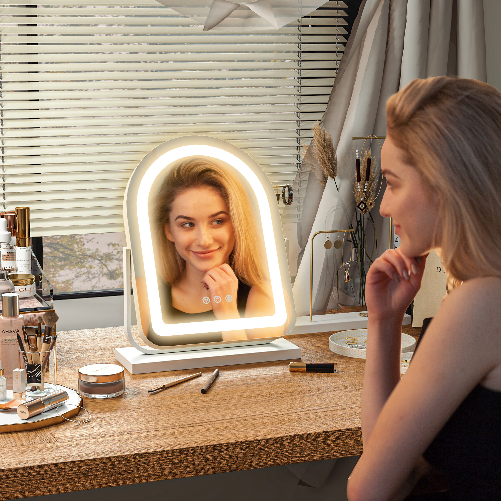 Make-upspiegel met LED-verlichting, 3 lichttemperaturen, draaibaar, touch-bediening, wit