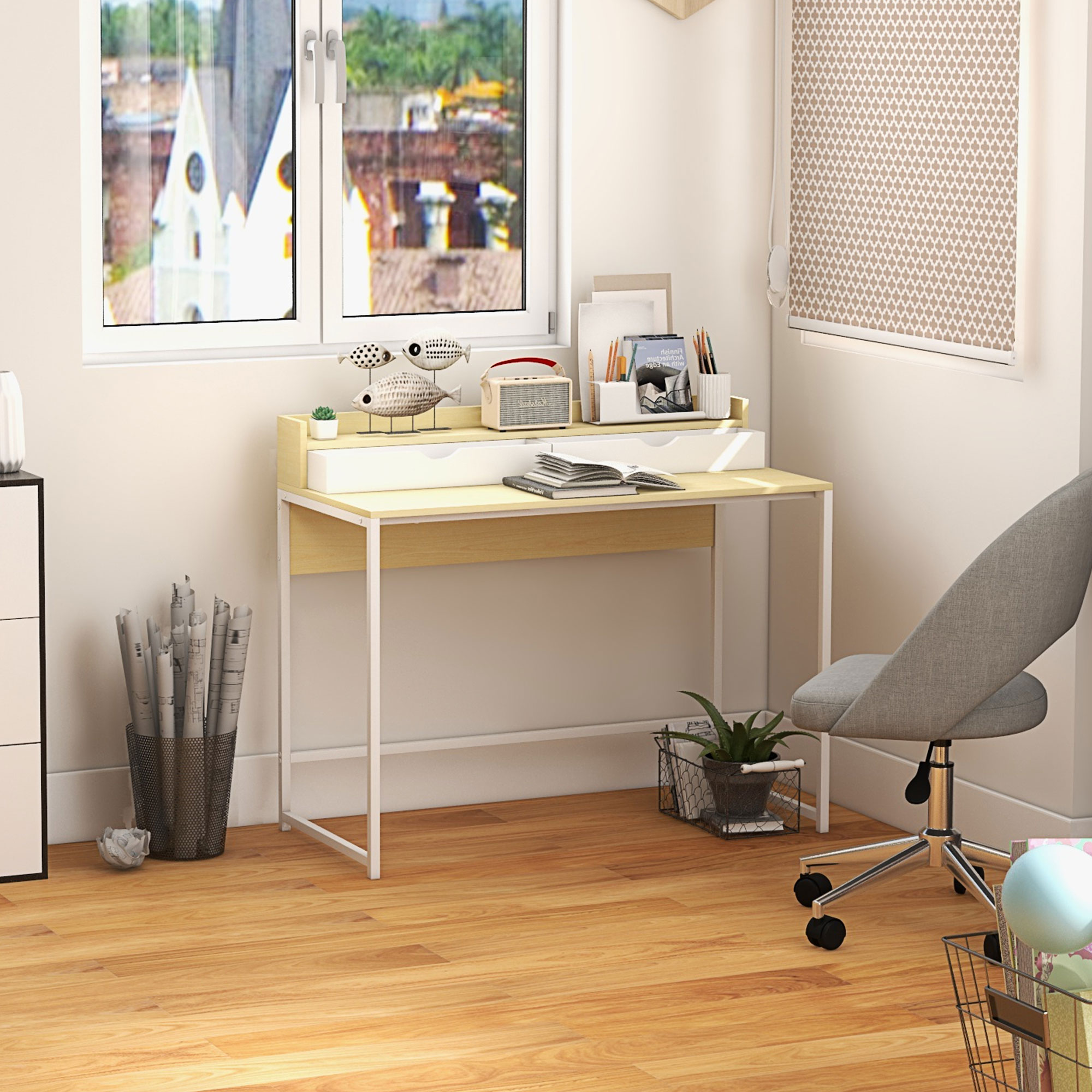 HOMCOM Schreibtisch mit Regal und 2 Schubladen im modernen Stil in Naturholzoptik und weißem Metall - 106L x 50B x 89H cm