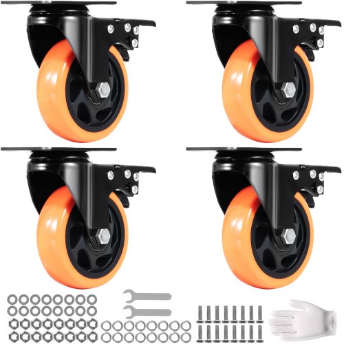 VEVOR Möbelrollen 4er-Set Lenkrollen PVC φ101,6mm Laufrollen 635kg Tragfähigkeit Transportrollen mit A/B-Bremsen Kastenrollen 360° Drehbar Schwerlastrollen für Häusern Büros Studios Fabriken