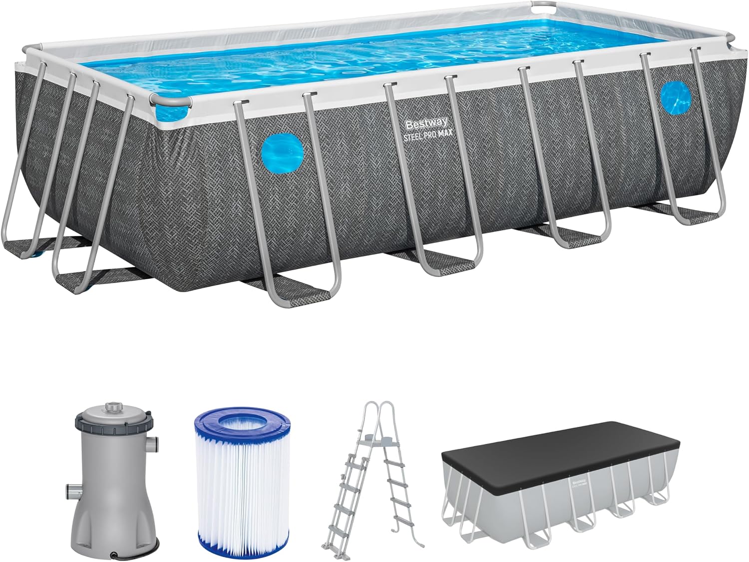Bestway 561MB Set piscina fuori terra rettangolare Steel Pro MAX Splashview - 4,88 m x 2,44 m x 1,22 m, grigio