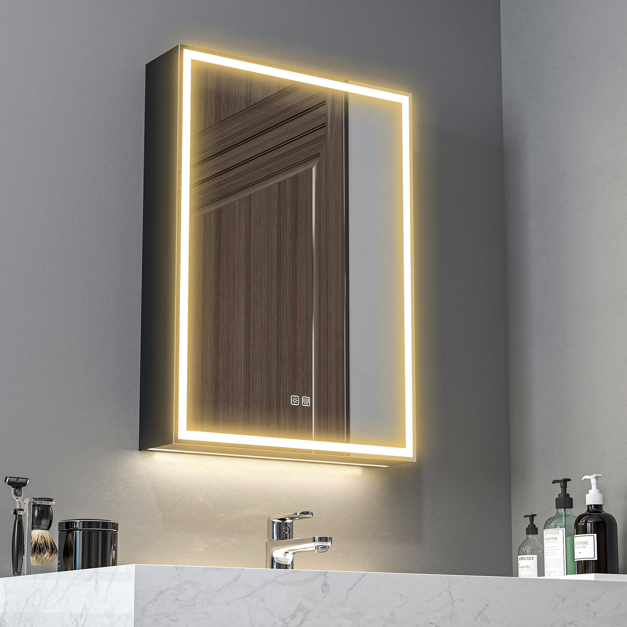 HOMCOM Spiegelschrank, Badschrank mit LED, 50 x 70 cm, dimmbar, Anti-Beschlag, Schwarz