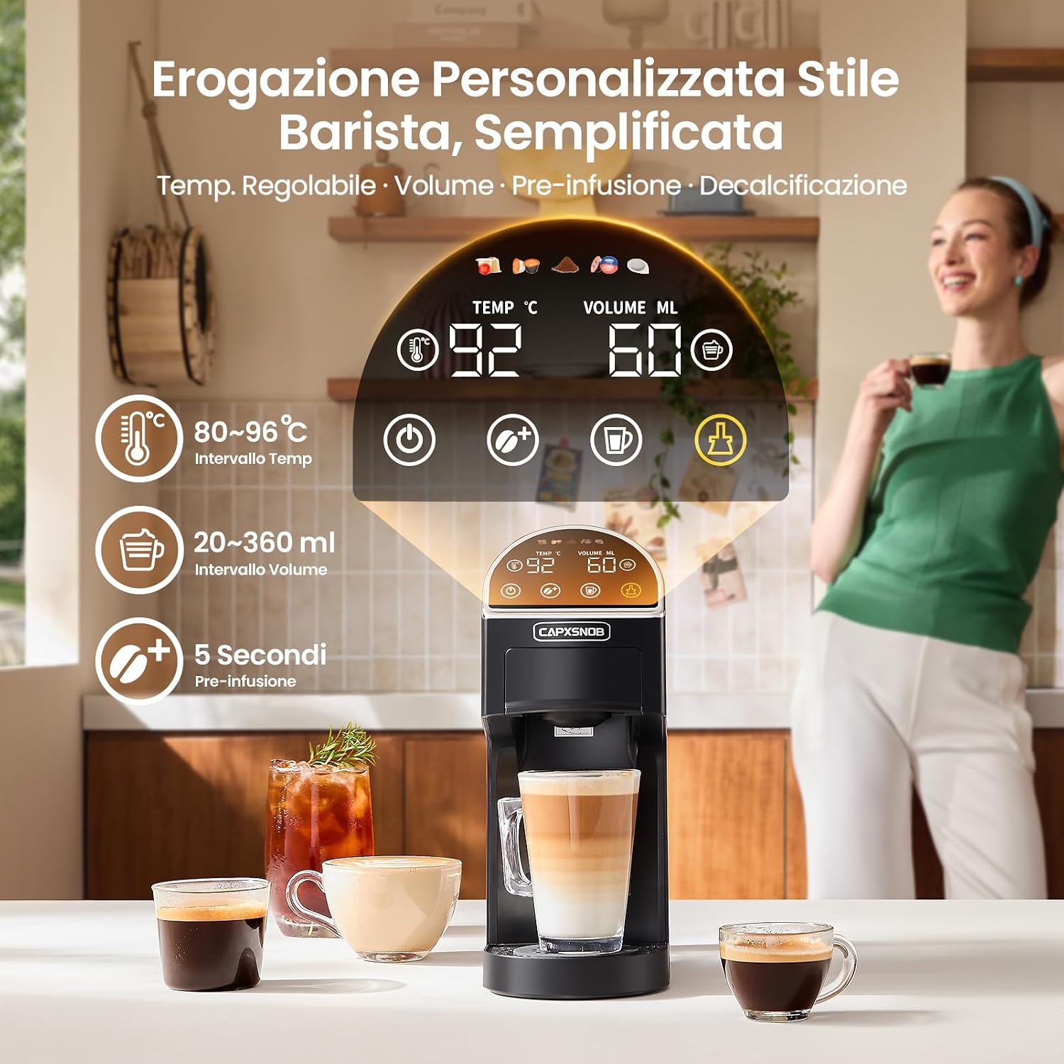 Magician2 Macchina da Caffè Multicapsula 5 in 1 per Nespresso, Dolce Gusto, Lavazza A Modo Mio, Cialde ESE 44 e Macinato, Touch LED, Auto-Adattivo, 20 Bar, 1,2L, Macchina Espresso per Casa e Ufficio