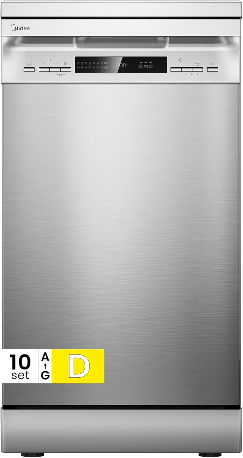Midea MFD45S200X.1-IT Lavastoviglie Libera Installazione con 10 coperti, 8 Programmi, Display a LED, Partenza Ritardata, Funzione di Mezzo Carico, Asciugatura Extra - Inox