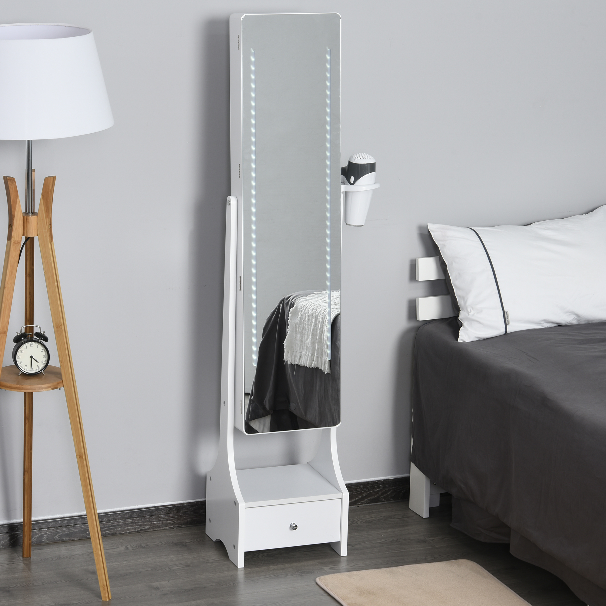 HOMCOM LED Schmuckschrank 2 in 1 Schmuckregal Spiegelschrank mit Schublade MDF Weiß 37 x 30 x 158 cm