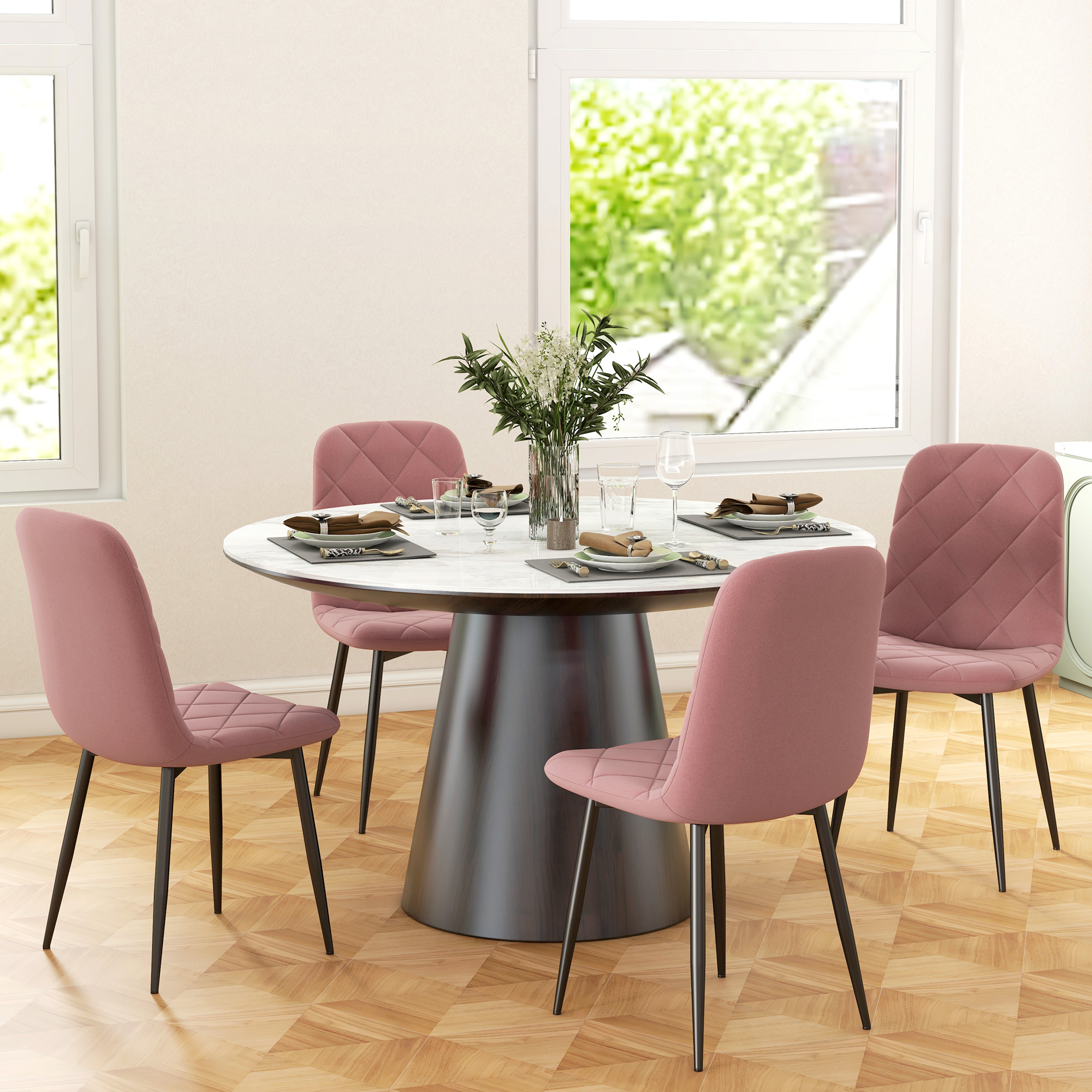 4-delige Set Eetkamerstoelen in Fluwelen Look met Rugleuning, 45 x 54 x 87 cm, Roze