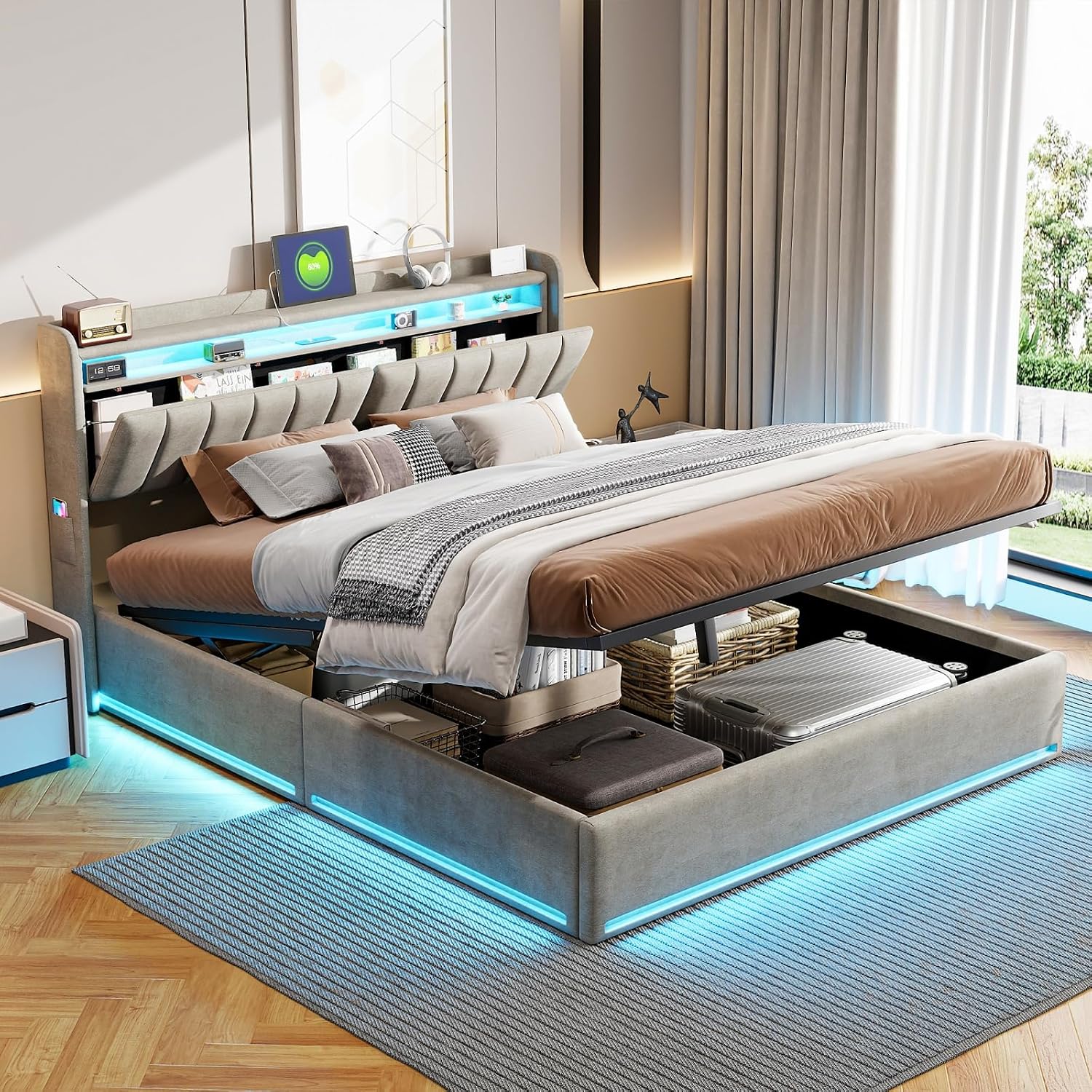 BestAlice Polsterbett 140x200 mit Ladestation und LED, Doppelbett mit Stauraum Kopfteil und Zweistöckige offene Regale, Bettgestell mit Lattenrost