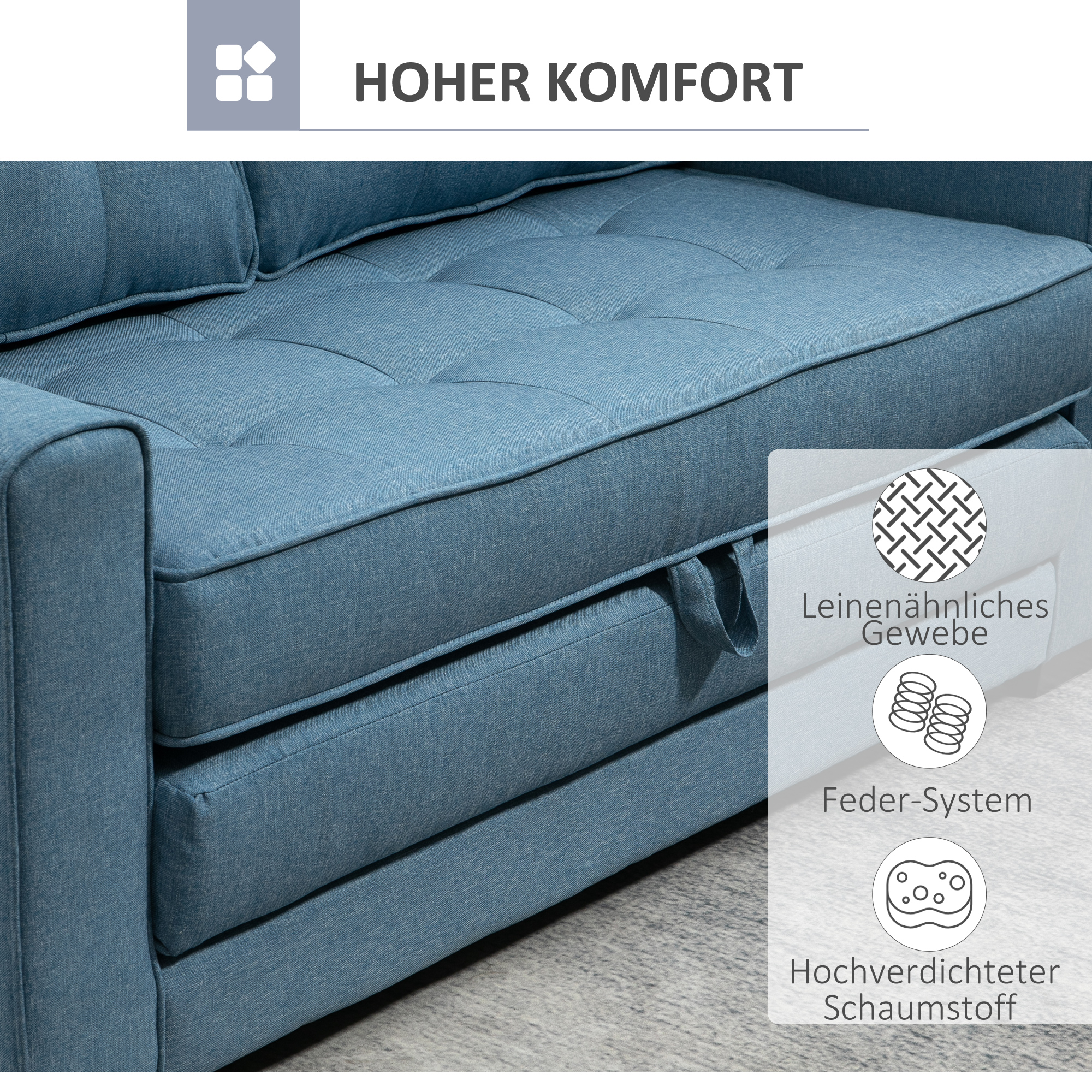 slaapbank, opklapbare sofa 2-zits, stoffen slaapbank, sofa met slaapfunctie, linnen touch, rubber hout, blauw, 147.5 x 75 x 85 cm