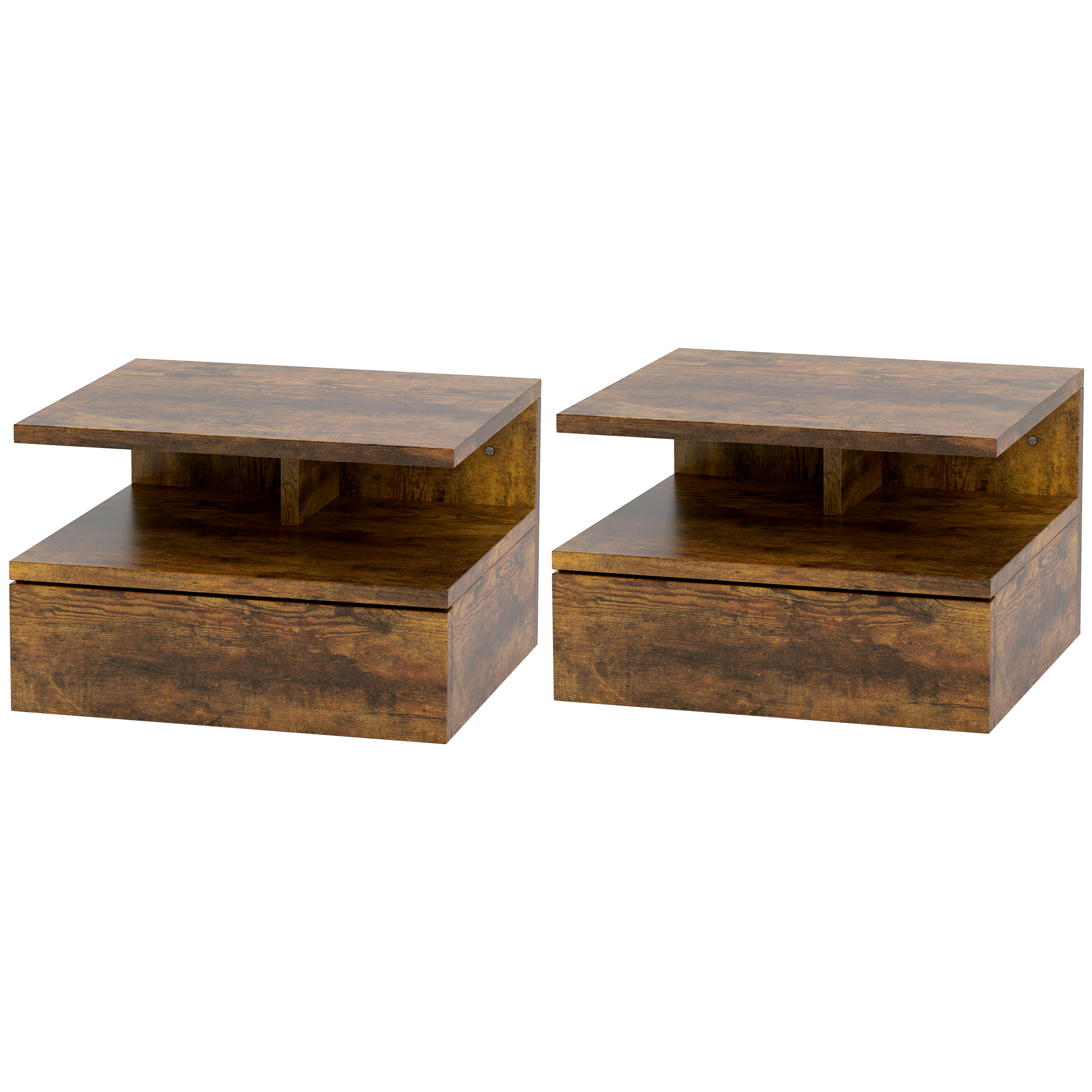 HOMCOM Set mit 2 Schwebende Nachttische für Schlafzimmer mit Schublade und Oberregal aus Holz 35x32x22.5cm, Rustikales Braun