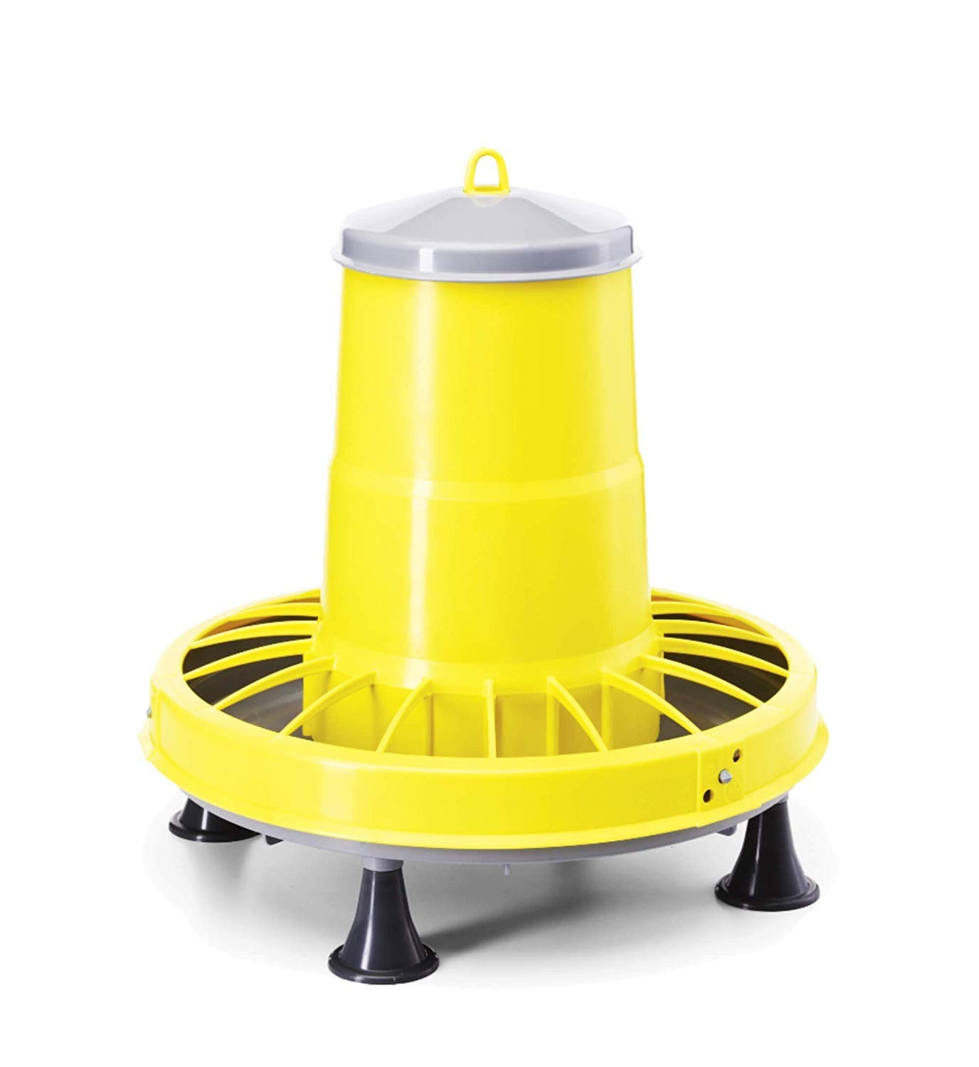 Zootec Mangiatoia per Galline, antispreco, Asta Regolazione del mangime, Coperchio e Piedini. capacità 5 kg. + Abbeveratoio per Galline a sifone in plastica con Manico e Piedini. capacità 10 Litri.