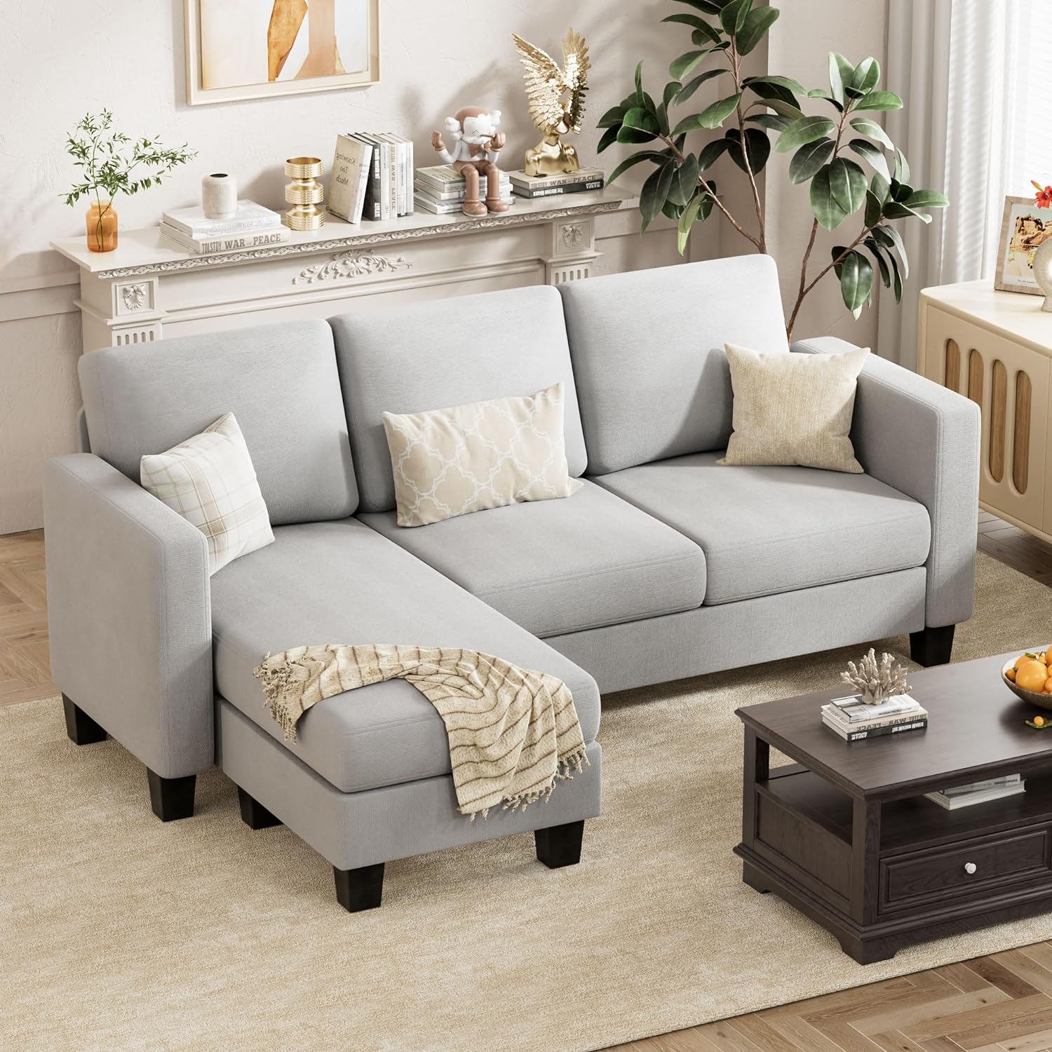 Convertible Sectional Sofa Couch 3 Seat L-Shaped Sofa with Linen Fabric Ottoman Small Couch
