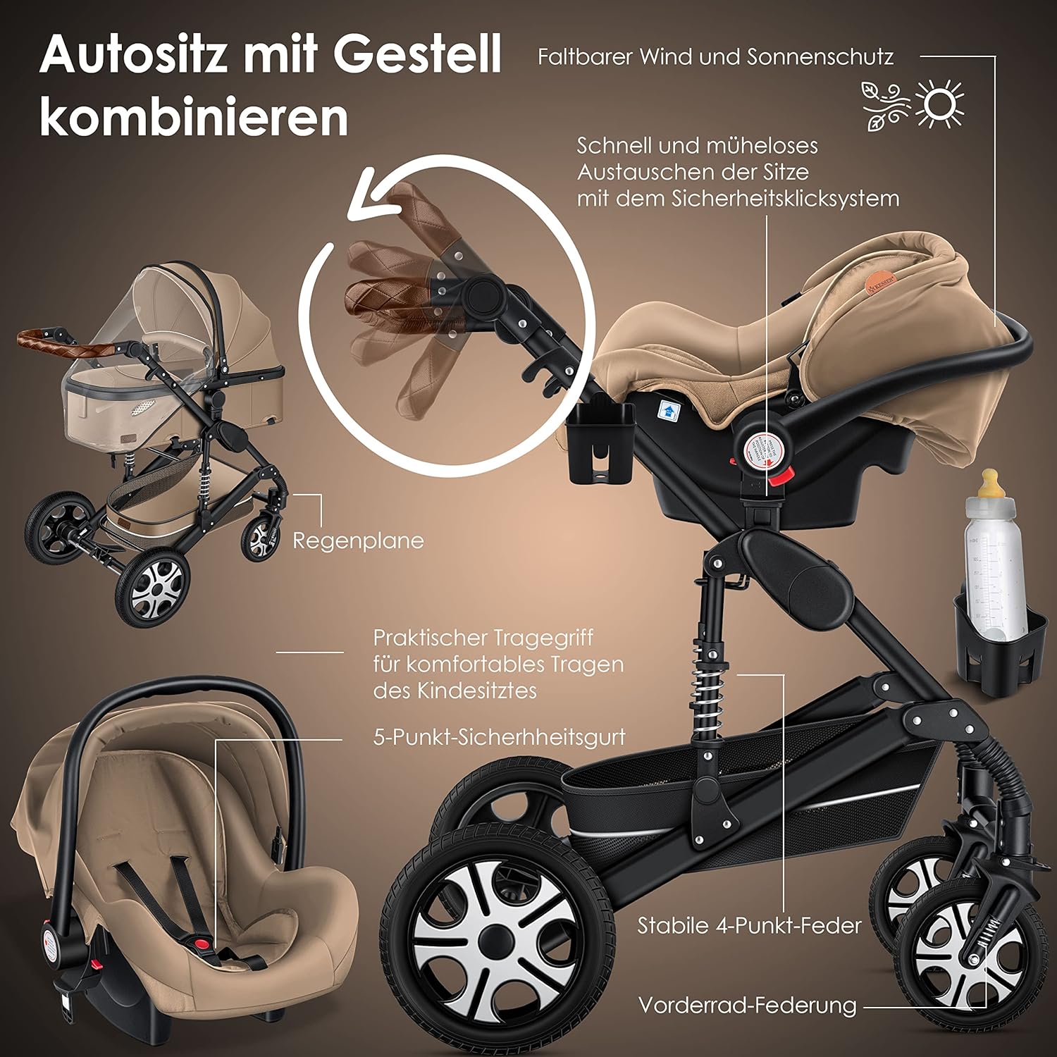 KESSER® Loops 3 in 1 Kinderwagen Kombikinderwagen Komplett-Set inkl. Babywanne & Buggy Sportsitz & Auto-Babyschale Voll-Gummireifen Wickeltasche Regenschutz Kindertisch ECE R129, Schwarz/Schwarz
