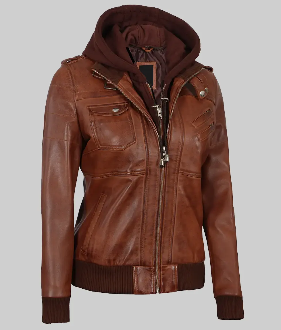 Sabrina Vintage Brown Hooded Bomber Leather Jacket