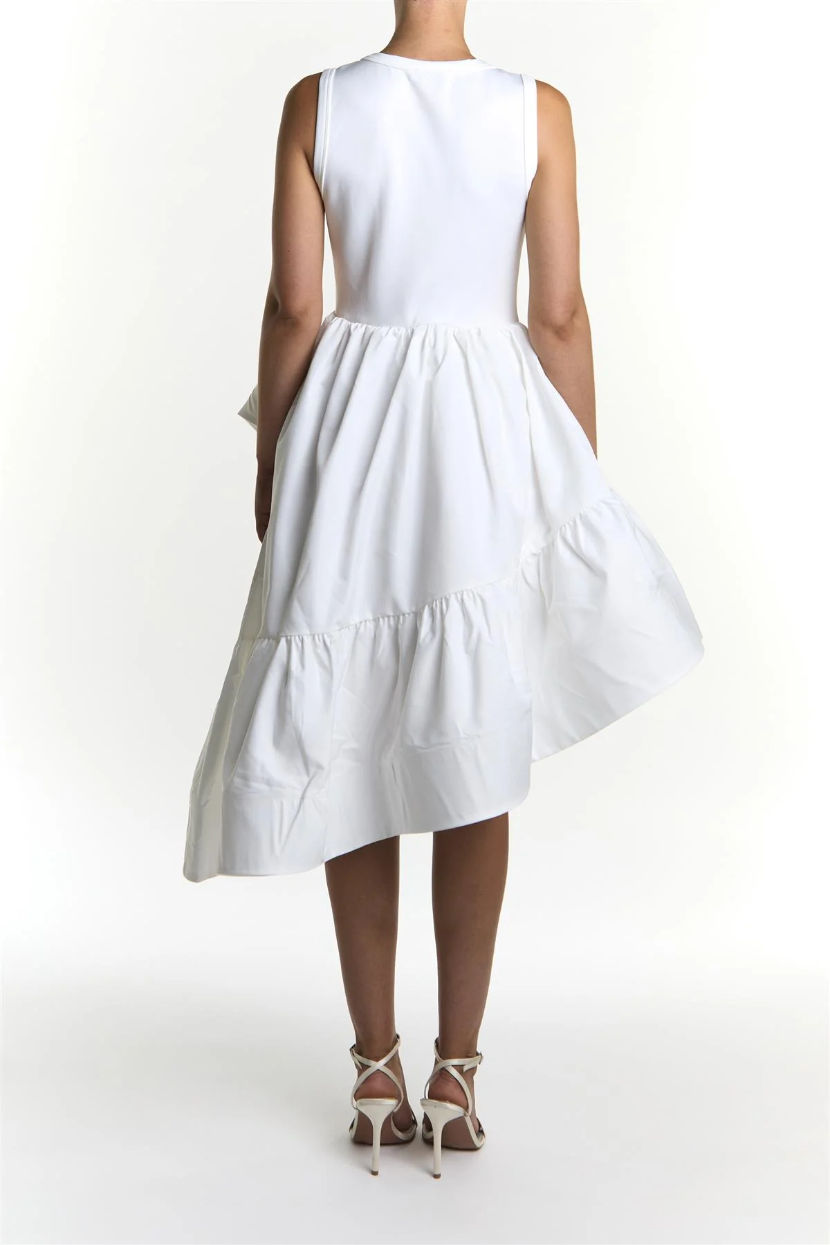 White Jordynn Asymmetric Ruffle Midi Dress