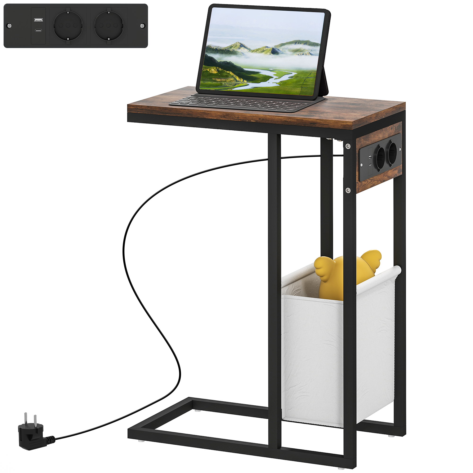 HOMCOM Beistelltisch mit Steckdosen, USB-Anschlüssen, Kabel, C-förmiges Design