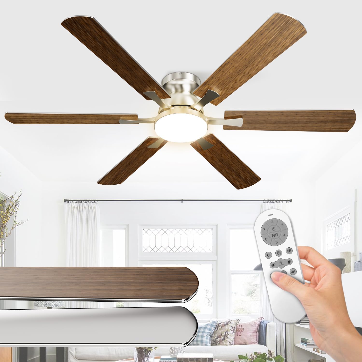 Airwit 132cm Grande Ventilatore da Soffitto con Luce Doppia Faccia Pale, Silenzioso Ventilatore da Soffitto con Telecomando e Reversible DC Motore, Lampada Ventilatore da Soffitto per Camera da Letto