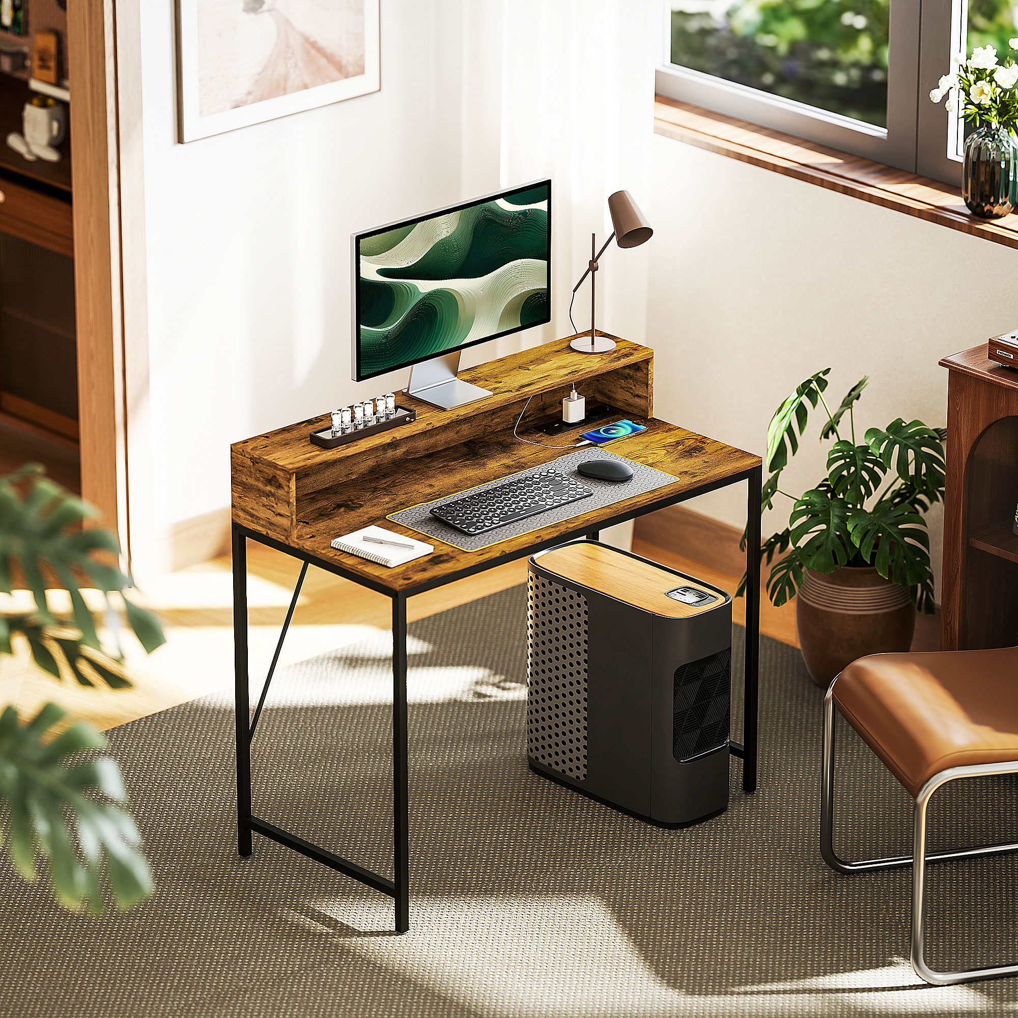 HOMCOM Computertisch mit Anschlüssen, Schreibtisch mit Monitorfläche und Ablage, für Homeoffice, Büro, Arbeitszimmer, Braun