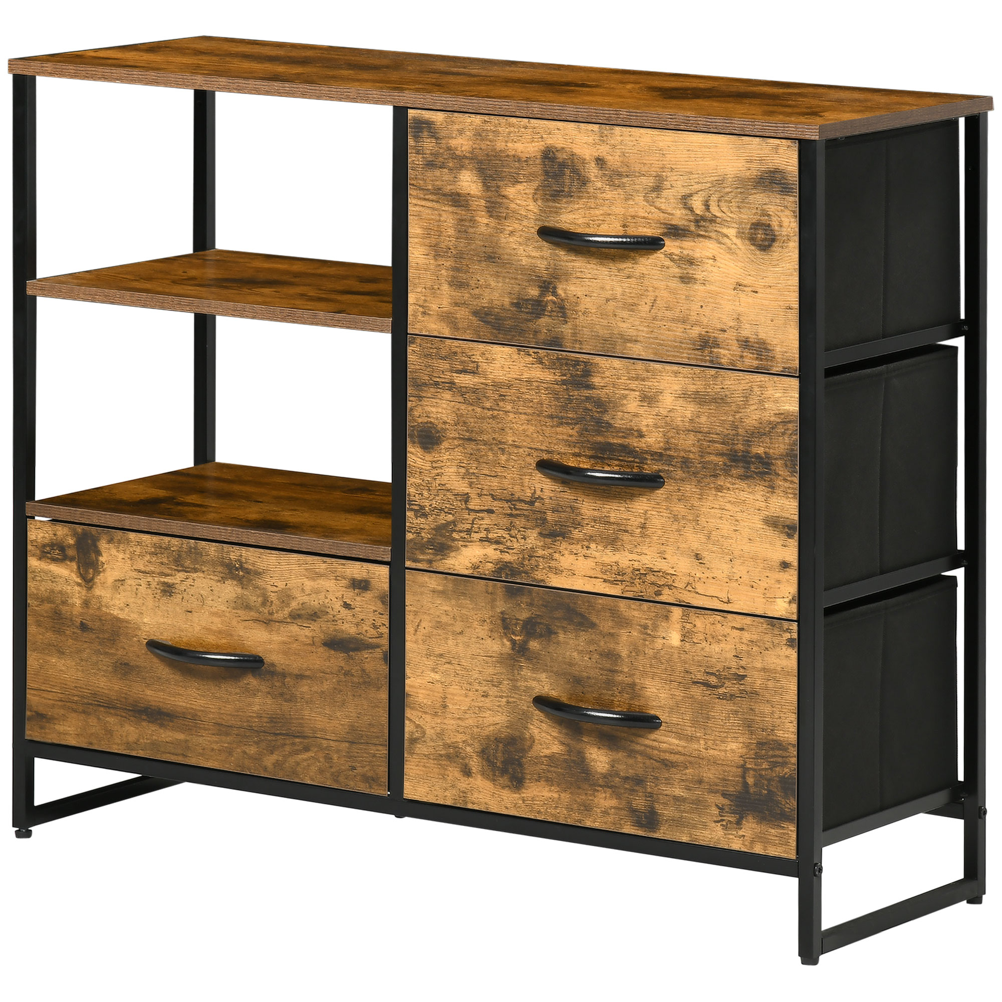 HOMCOM Aufbewahrungskommode, Industrielle Stil Kommode mit 4 klappbaren Schubladen und 2 offenen Regalen aus Stahl und Holz - 84 x 30 x 71,5 cm