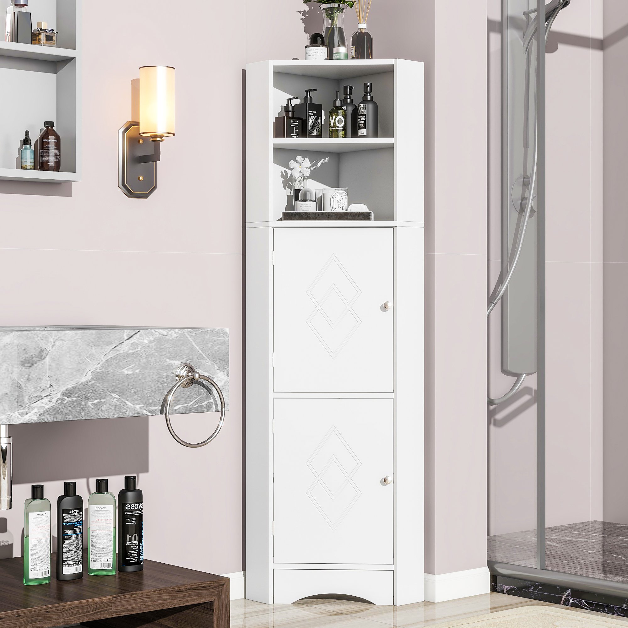 Badezimmerschrank - Eck-Badschrank 36x36x155 cm, Wasserdichter Eckschrank für Bad, Minimalistischer Kleinschrank für Badezimmer, Weiß