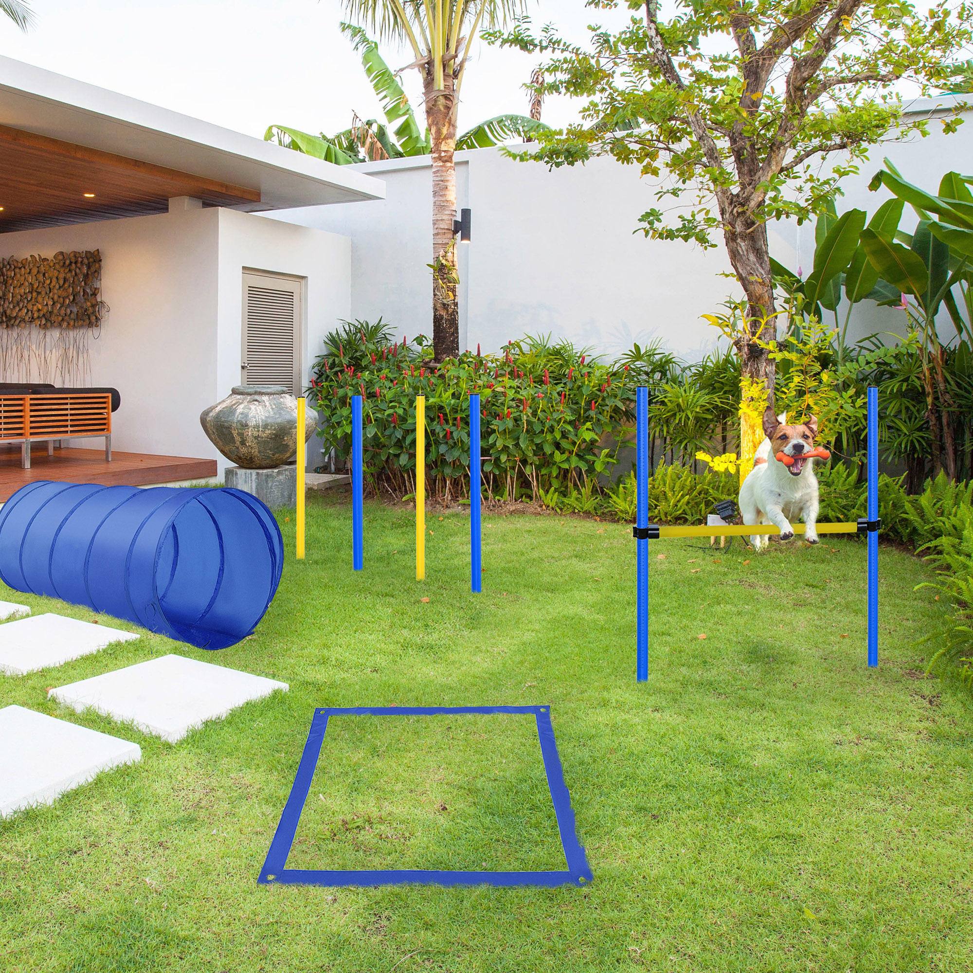 PawHut Agility Set Hunde 5-teiliges Agility-Ausrüstung für Hundetraining Steckhürdenset mit Hundetunnel 4 Slalomstangen höhenverstellbar Hürden Pause-Box Tragetasche Agilityset für Spiele Training