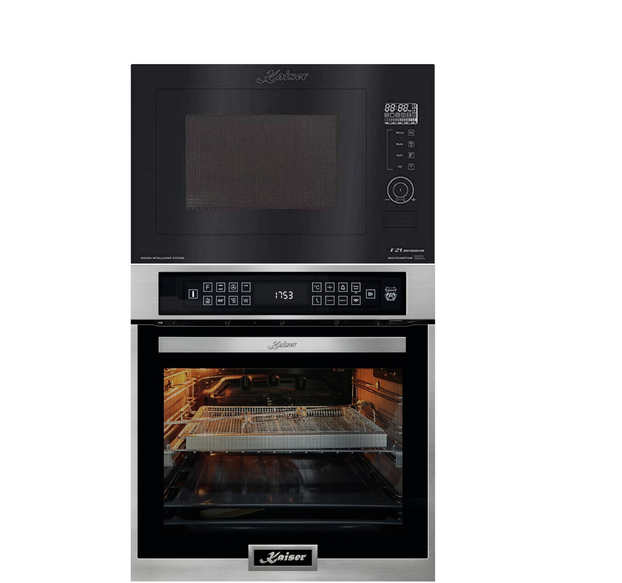 Backofen-Set Einbau Elektrobackofen,Edelstahl,86 L 15 Fkt., LED-Display+Einbau-Mikrowelle, Schwarz Glas, 25L, Heißluft, Grill, 21 Funktionen EH 6306 N R+EM 2510