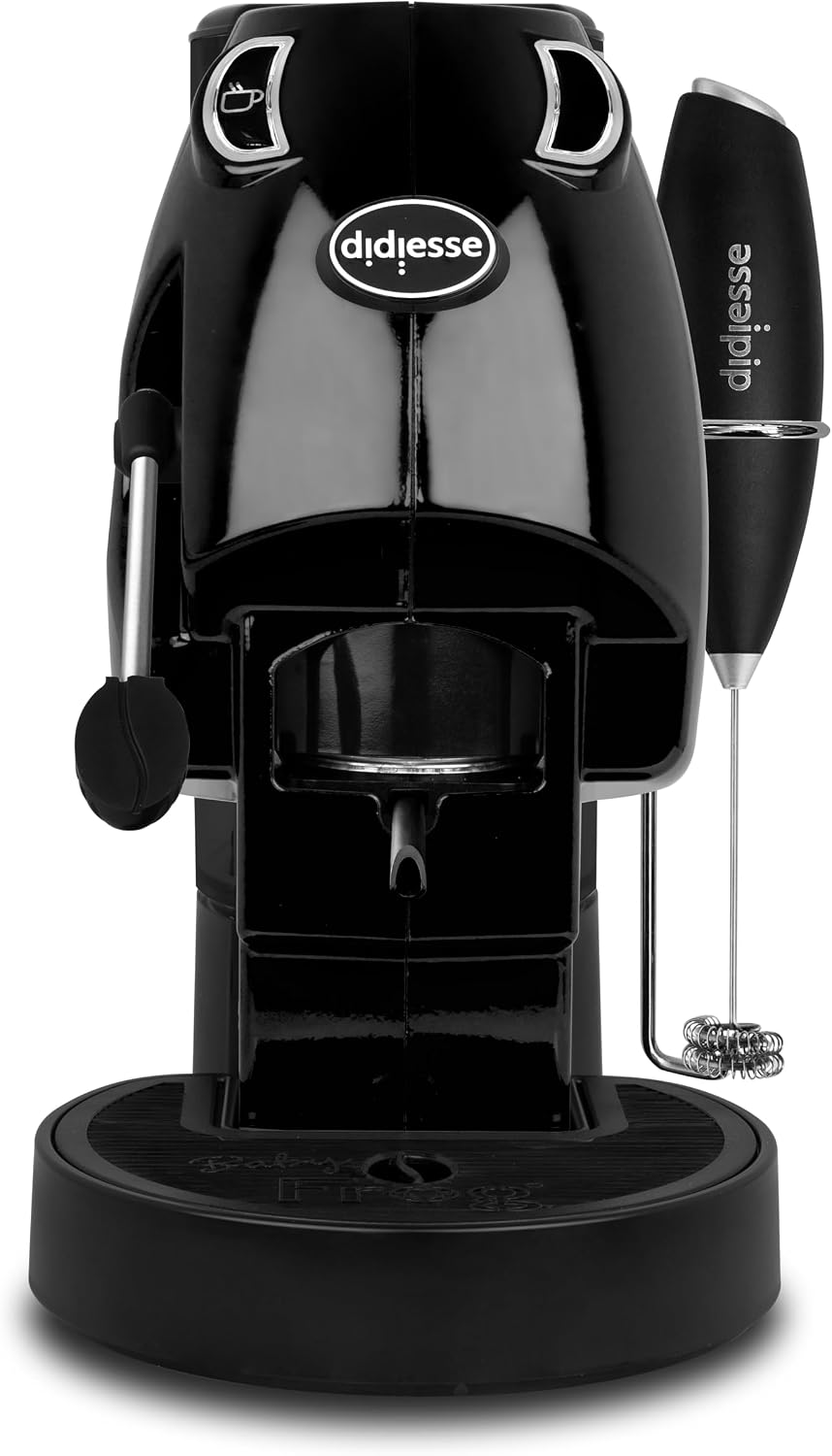Didiesse Baby Frog Coffee & Tea – Macchina da Caffè a Cialde, con Frullino Montalatte e Doppio Portacialde per Caffè e Tè, Basso Consumo 450W, Erogatore Acqua Calda. (Nero)
