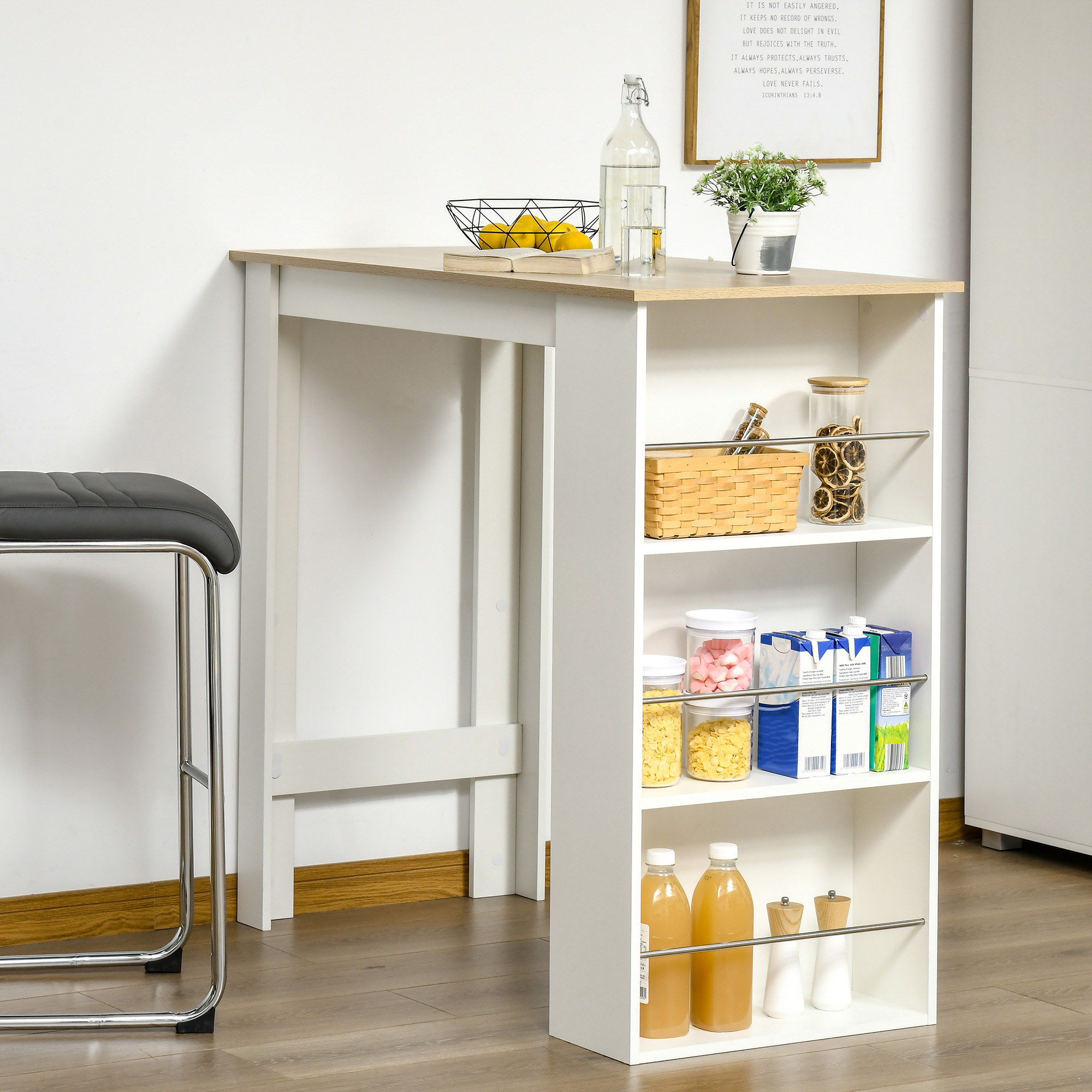 HOMCOM Bartisch hoher Küchentisch Stehtisch 112L x 57B x 106H cm - 3 Regale - heller Eichen-weiß-Look