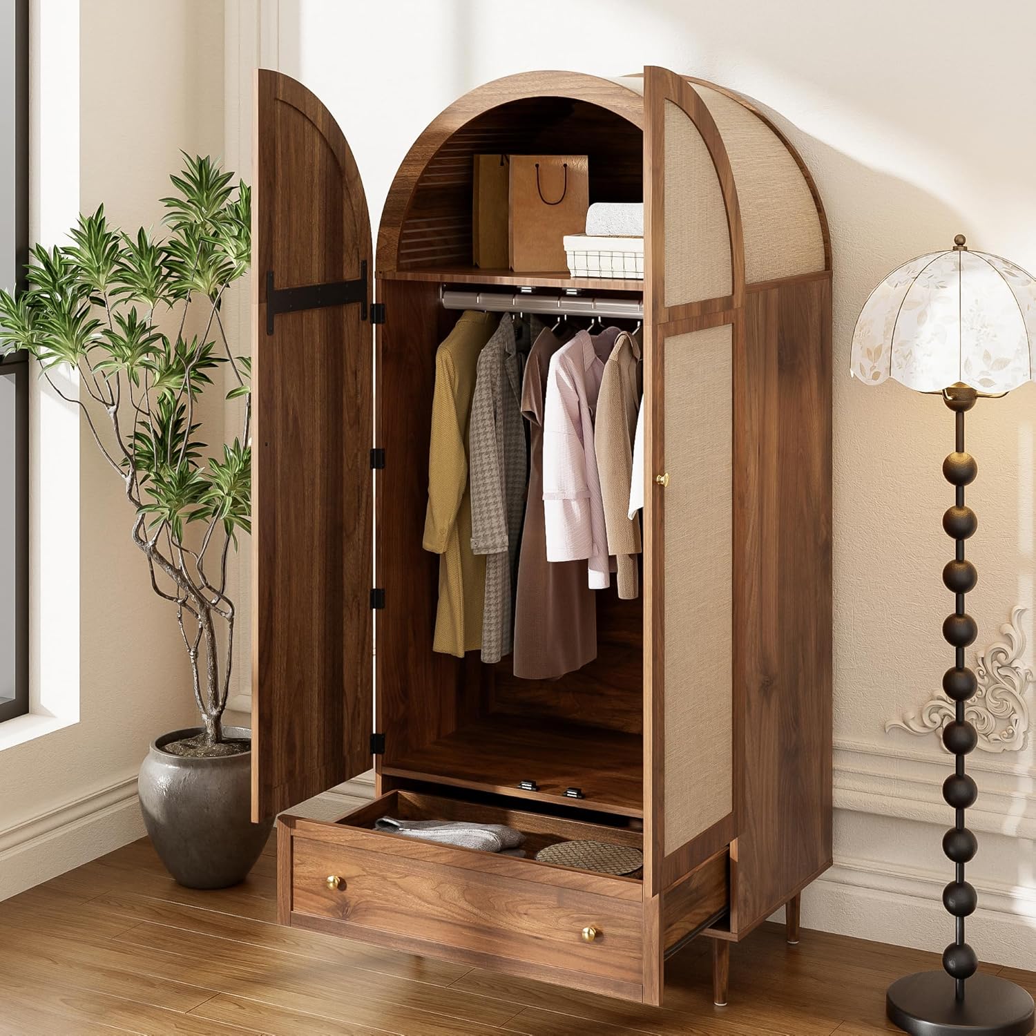 Children's Bedroom Wardrobe with Fabric Doors and Drawer, Walnut Effect, Wooden Feet, Practical Storage for Clothes and Accessories, Bedroom Compartments