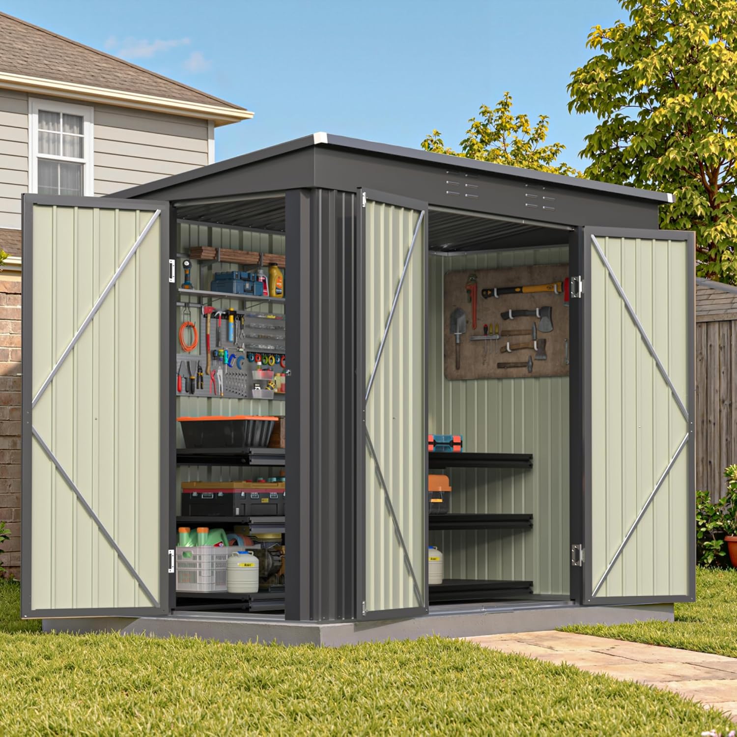 Patiowell 8x4 FT Outdoor Storage Shed  Heavy Duty Tool Metal Sheds with 3 Lockable Doors and Updated Frame Structure for Backyard Patio Lawn  Black